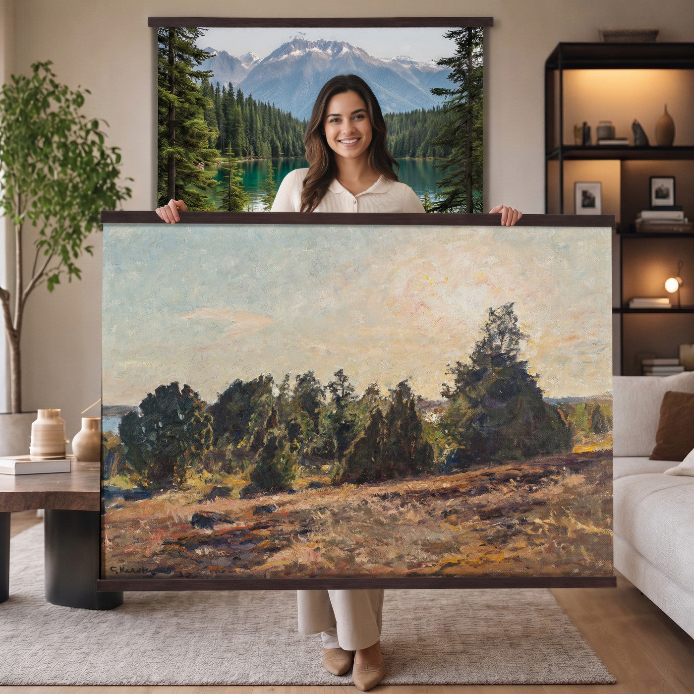 89318871-MGV-TP-30X20 - Impressionism oil painting tapestry wall hanging of "Landscape" by Jane Sutherland, showing a sunlit open field, dry golden grasses, and slender eucalyptus trees leaning under a bright southern sky in warm golden field tones with soft sage-green eucalyptus foliage. Extra large wall art, made in the USA.
