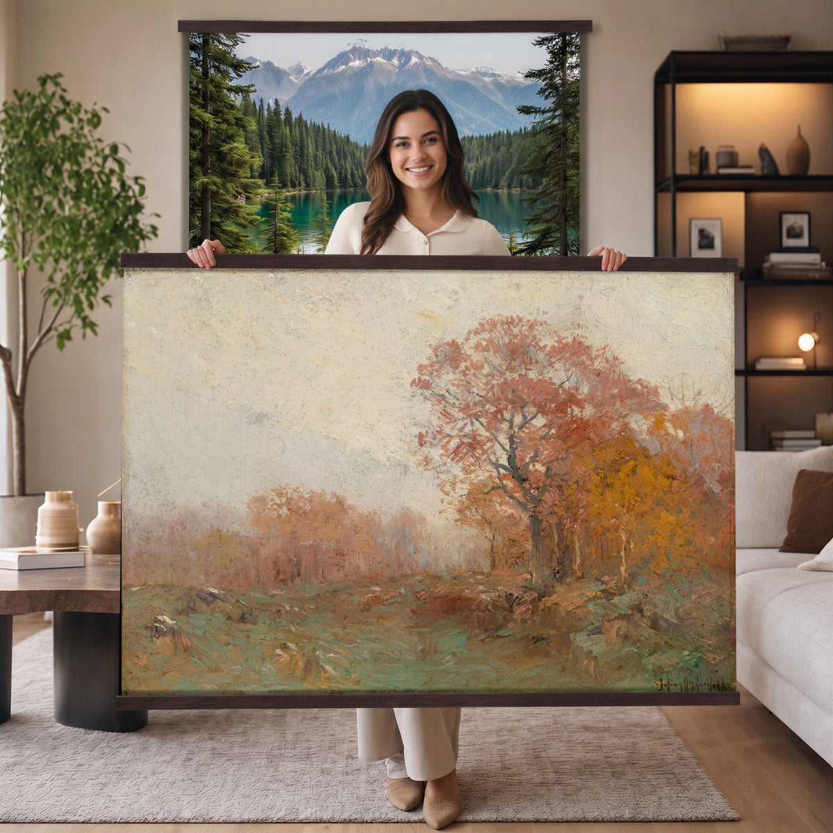 10997793-MGV-TP-30X20 - Tonalism watercolor tapestry wall hanging of "Field of Varicolored Grasses in Late Summer (In the Virginia Hills)" by William Henry Holmes, showing sun-flecked yellow, purple, and reddish grasses spreading across peaceful rolling hills under a warm twilight atmosphere in a colorful meadow and green trees under a soft pale purple sky. Extra large wall art, made in the USA.