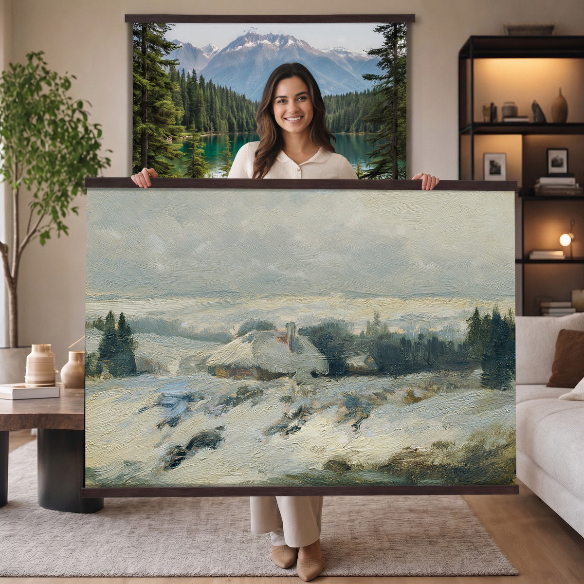 95240376-MGV-TP-30X20 - Realism oil painting tapestry wall hanging of "Bohmisch-Mahrische Hohe" by Ferdinand Engelmuller, showing a snow-covered highland village with low cottages, bare trees, and deep drifts stretching toward pale winter hills in cool white snow with warm ochre cottage walls under a pale winter sky. Extra large wall art, made in the USA.