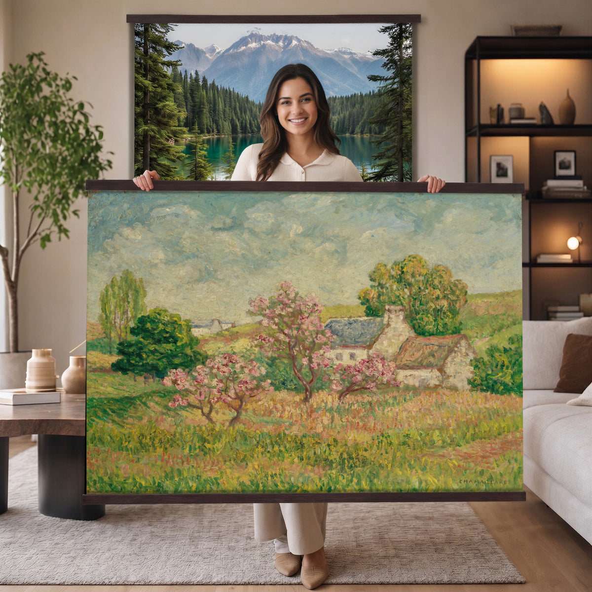 67494912-MGV-TP-30X20 - Post Impressionism oil painting tapestry wall hanging of "Spring" by Ernest de Chamaillard, showing a stone Breton cottage behind a blossoming tree in full pink bloom, with a bright spring garden around it in soft pink blossoms against grey stone walls and new spring green. Extra large wall art, made in the USA.