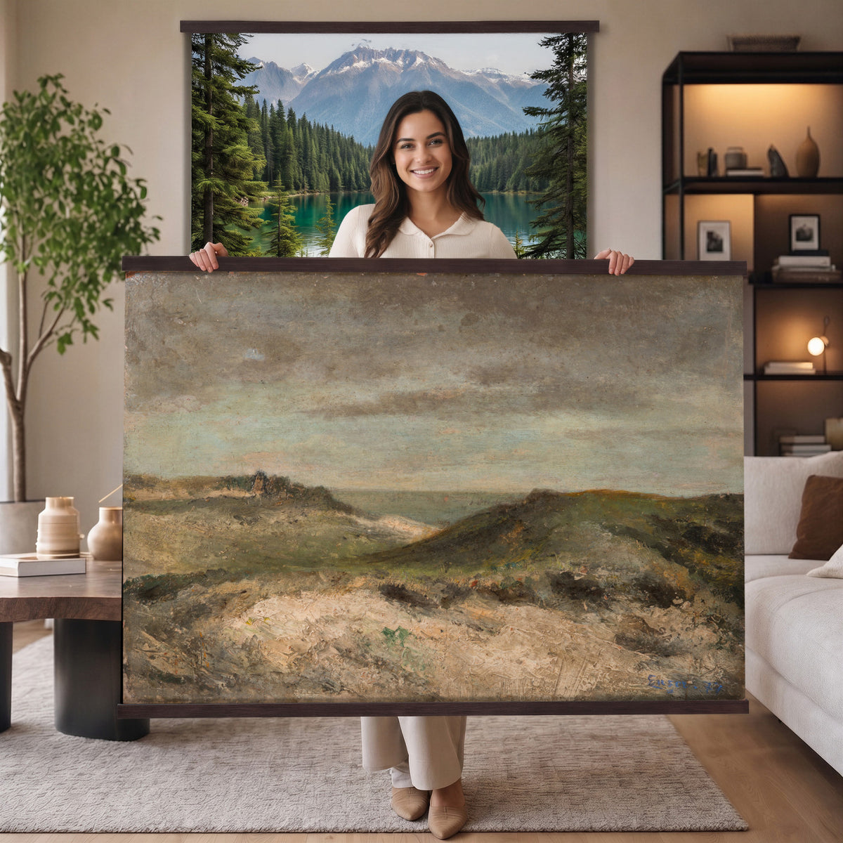 68383237-MGV-TP-30X20 - Expressionism oil painting tapestry wall hanging of "Dunes" by James Ensor, showing a steep dune ridge cutting across the canvas, with wind-bent grasses and a heavy sky pressing down behind it in muted sand and olive dune tones under a dark weighted sky. Extra large wall art, made in the USA.