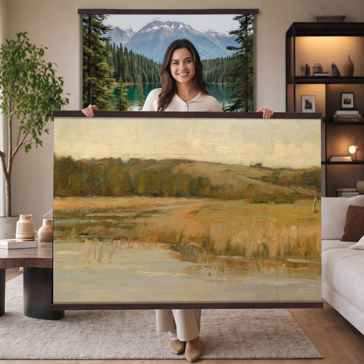 94353895-MGV-TP-30X20 - Tonalism oil painting tapestry wall hanging of "Hill and Marshland" by Charles Harold Davis, showing a low marsh threaded with still water channels, tall reeds, and a rounded hill under a wide luminous sky in muted marsh greens and browns under a wide pale luminous sky. Extra large wall art, made in the USA.