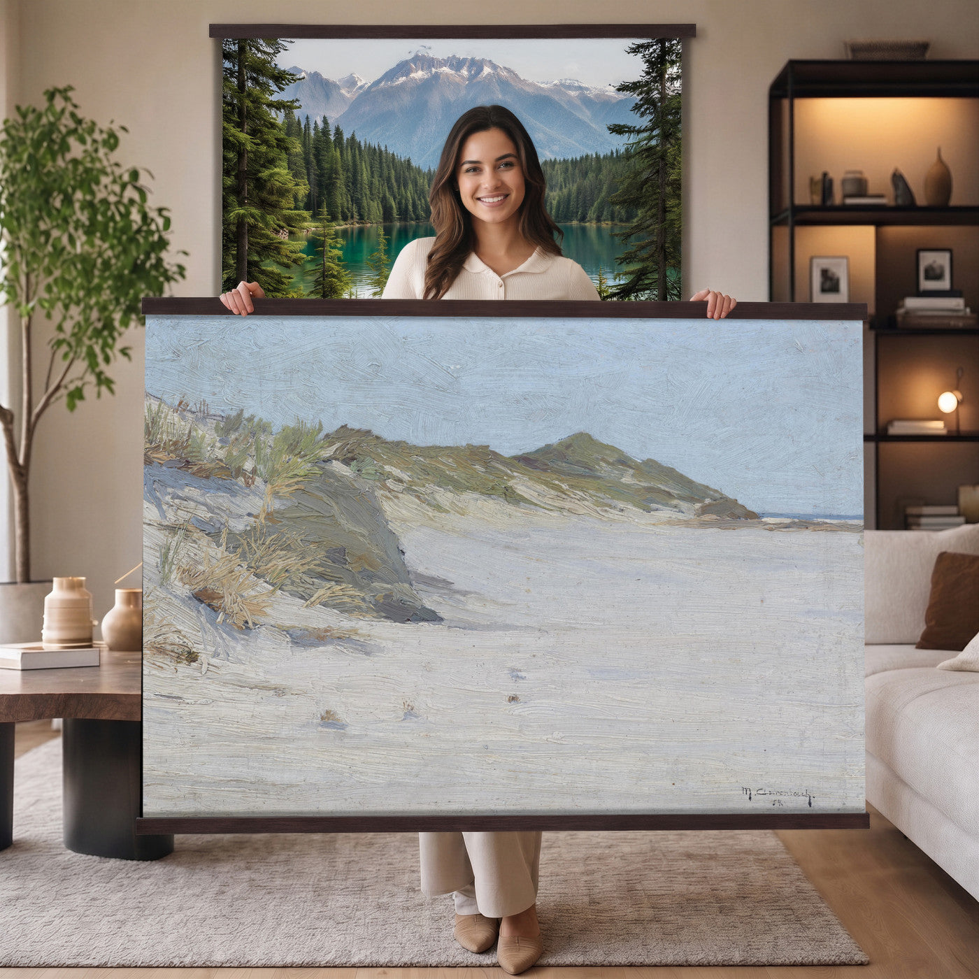 74023087-MGV-TP-30X20 - Impressionism oil painting tapestry wall hanging of "Beach Dunes" by Max Clarenbach, showing low rolling sand dunes topped with pale beach grass, opening toward a quiet sea under a wide soft sky in pale sand tones and dune grass under a wide soft blue-grey sky. Extra large wall art, made in the USA.