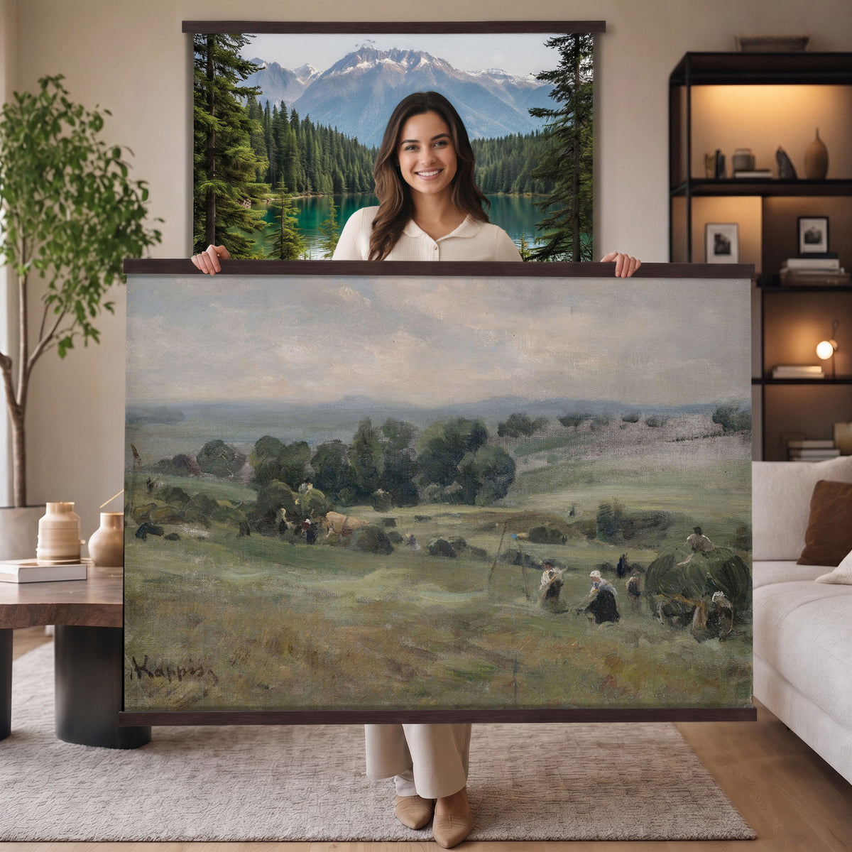 98563887-MGV-TP-30X20 - Realism oil painting tapestry wall hanging of "Heuernte" by Albert Kappis, showing farmworkers gathering hay in a wide summer field, with loaded carts, tall stacks, and a warm open sky in warm golden hay tones with green field edges under a bright summer sky. Extra large wall art, made in the USA.