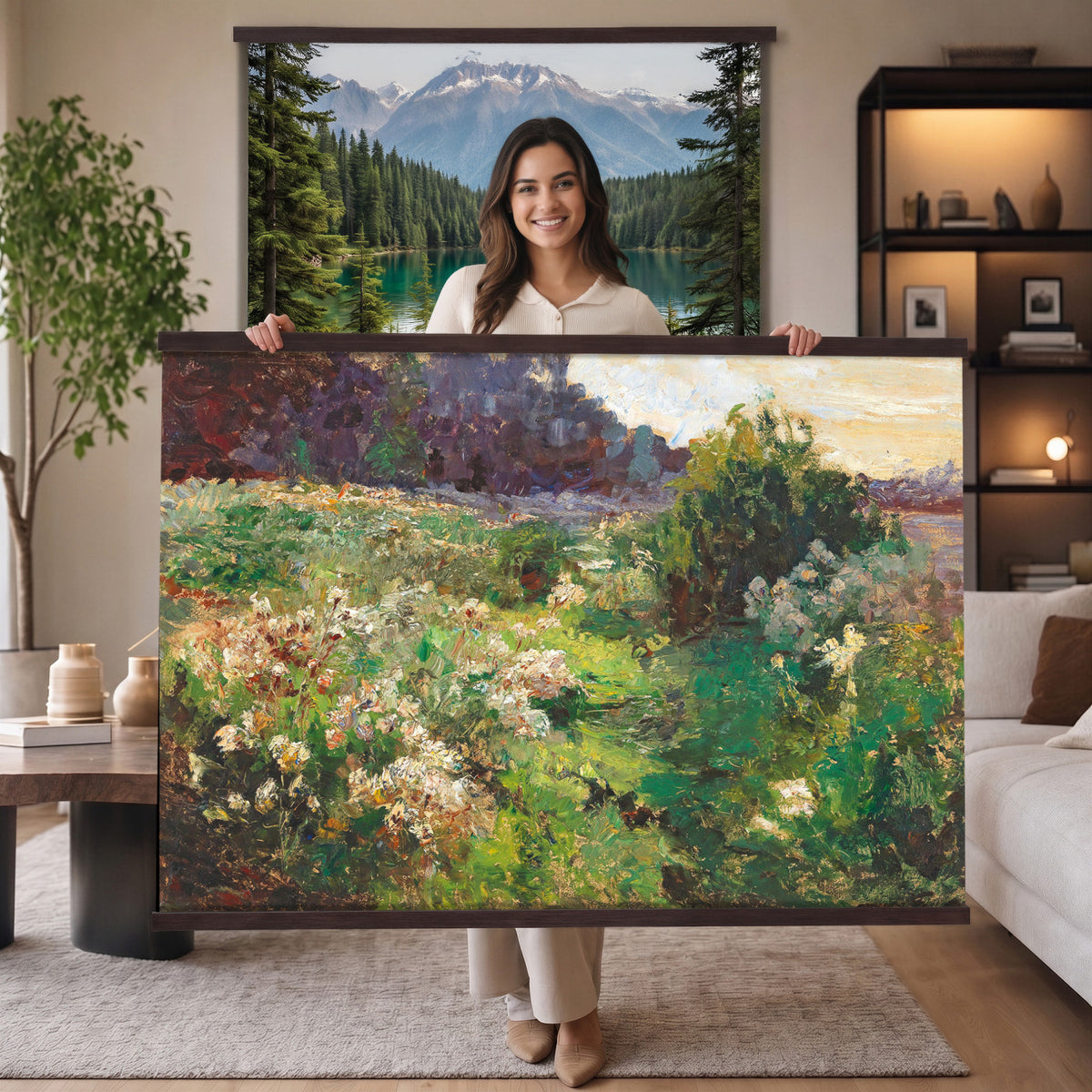 44961601-MGV-TP-30X20 - Impressionism oil painting tapestry wall hanging of "Flowering Meadow" by Olga Wisinger-Florian, showing a bright meadow of white wildflowers and green bushes rising toward a shaded purple hillside in white wildflowers and green bushes under a purple forest hillside. Extra large wall art, made in the USA.