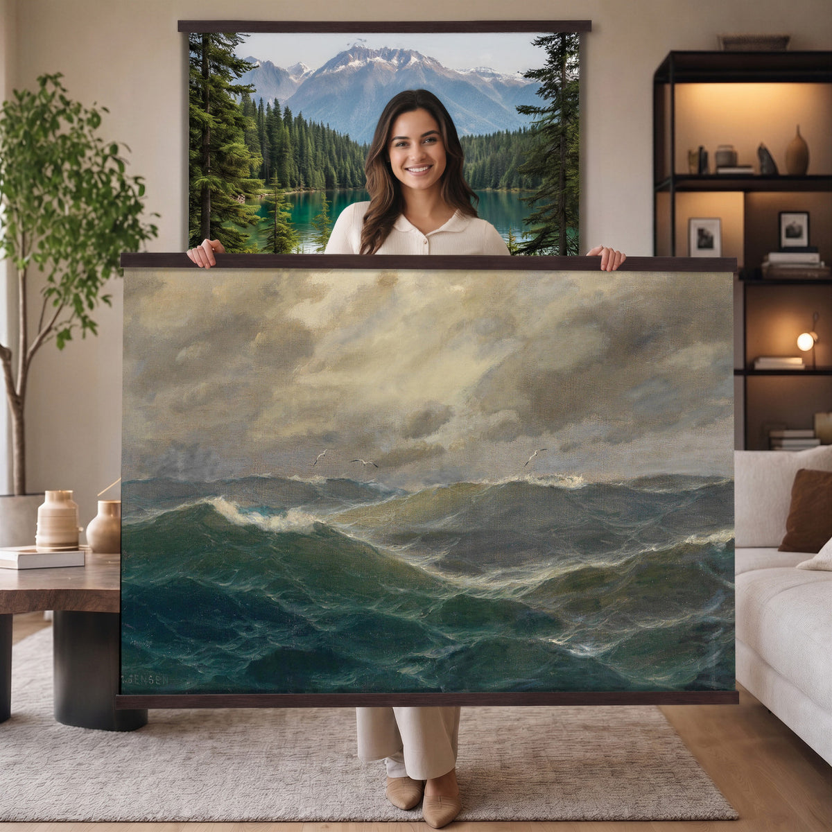 93539190-MGV-TP-30X20 - Realism oil painting tapestry wall hanging of "Stormy Sea" by Alfred Jensen, showing heavy breaking waves rolling under a dark storm sky, with white foam catching the last light on the water in deep grey-green waves with white foam under a heavy storm sky. Extra large wall art, made in the USA.