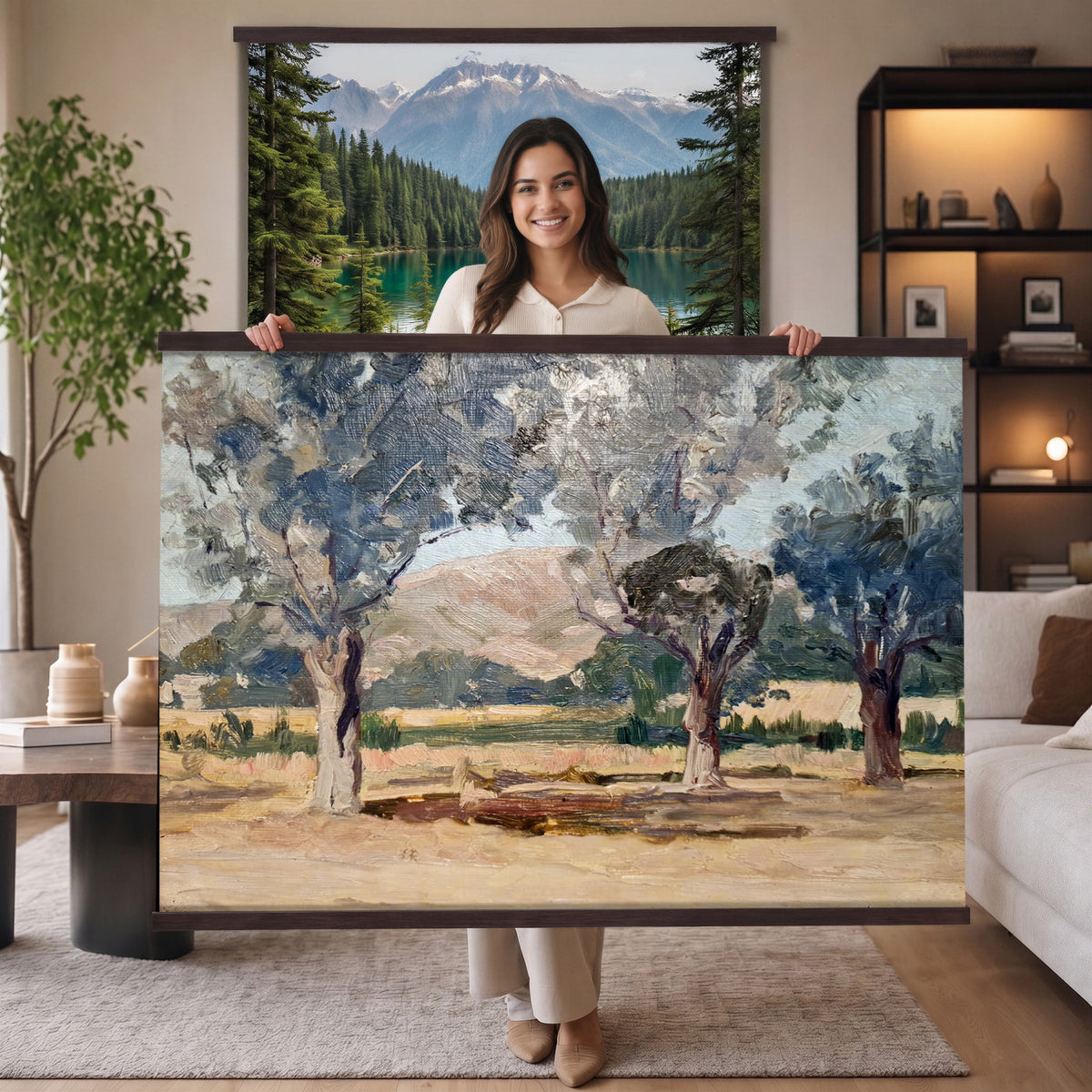 38071069-MGV-TP-30X20 - Impressionism oil painting tapestry wall hanging of "Landscape" by Jane Sutherland, showing a sunlit open field, dry golden grasses, and slender eucalyptus trees leaning under a bright southern sky in warm golden field tones with soft sage-green eucalyptus foliage. Extra large wall art, made in the USA.