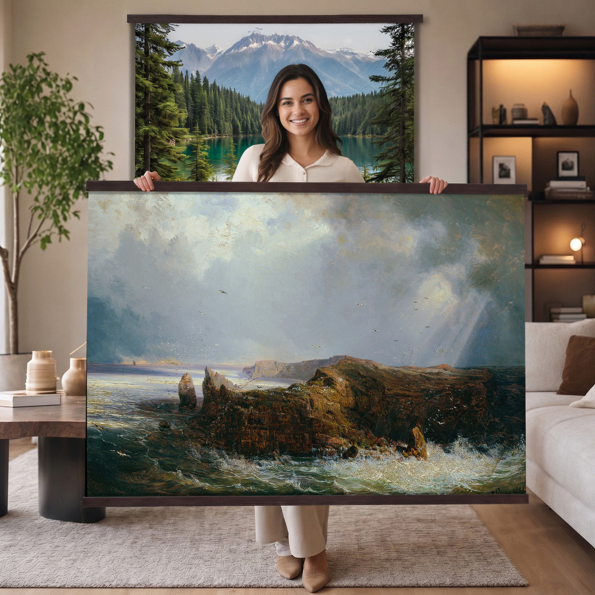 14088110-MGV-TP-30X20 - Romanticism oil study tapestry wall hanging of "Die Insel St Paul" by Joseph Selleny, showing the volcanic island of Saint Paul rising from a restless Indian Ocean, with breaking surf against dark rock walls in dark volcanic rock and grey-green ocean swells under a stormy sky. Extra large wall art, made in the USA.