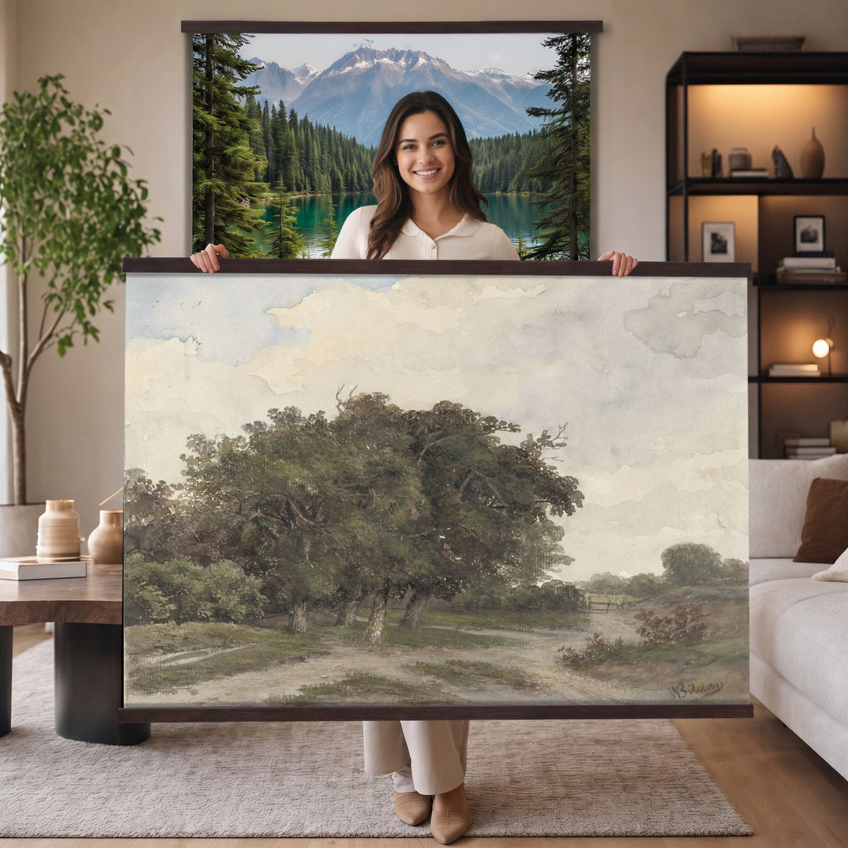 73613327-MGV-TP-30X20 - Realism oil painting tapestry wall hanging of "Landscape with Trees" by Johannes Warnardus Bilders, showing tall old trees along a quiet woodland path, with dappled light falling through the canopy onto open ground in warm brown trunks and layered green foliage under a soft grey sky. Extra large wall art, made in the USA.