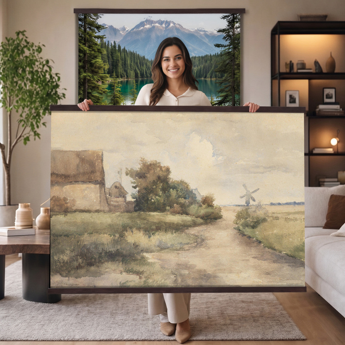97169621-MGV-TP-30X20 - Vintage Windmill Cottage Tapestry Wall Hanging, Rustic Country Rural Art