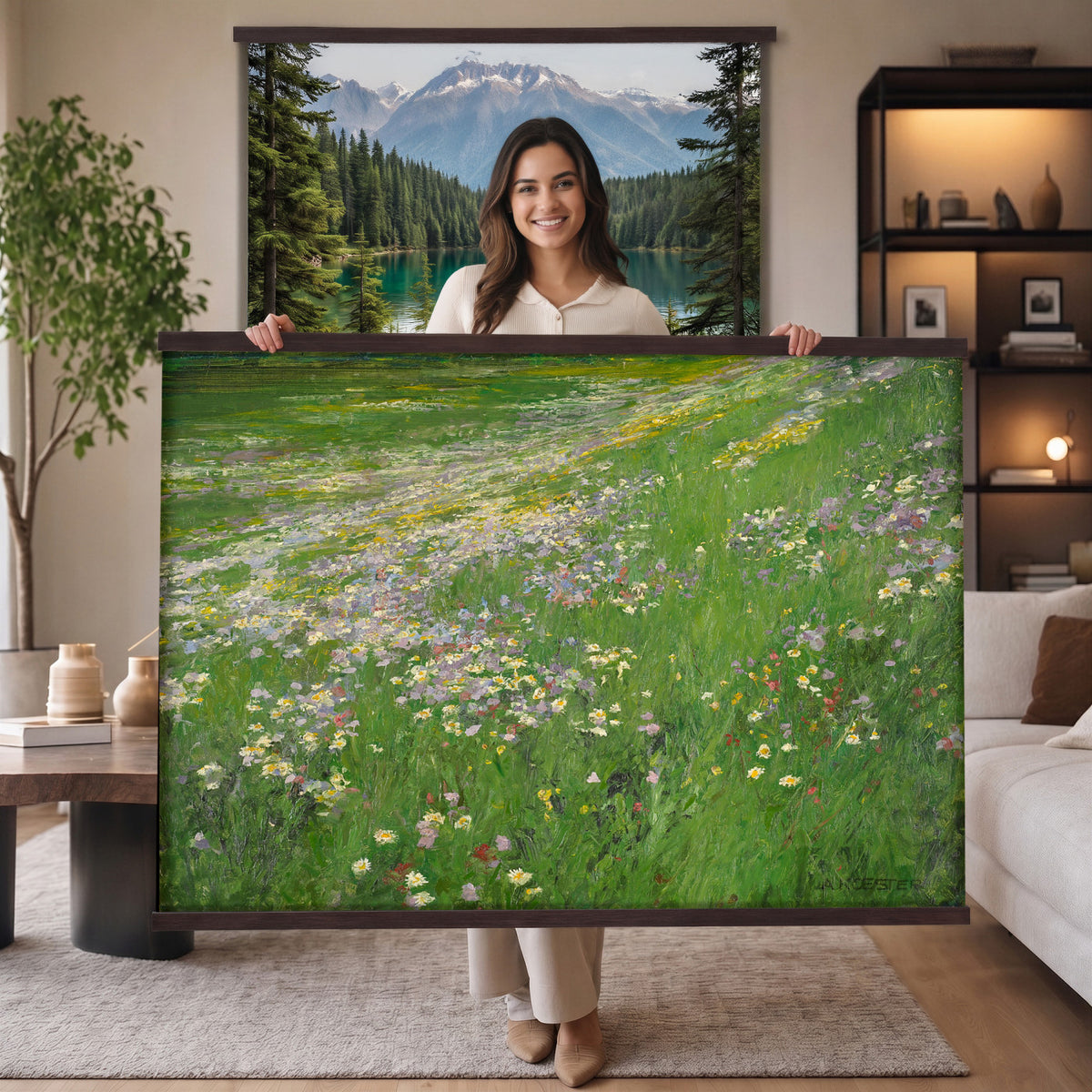 63535040-MGV-TP-30X20 - Impressionism oil painting tapestry wall hanging of "Wildflower Meadow", showing a wide meadow of daisies and summer wildflowers, painted in quick color strokes under warm open light in white daisies and yellow blooms across fresh green grass. Extra large wall art, made in the USA.