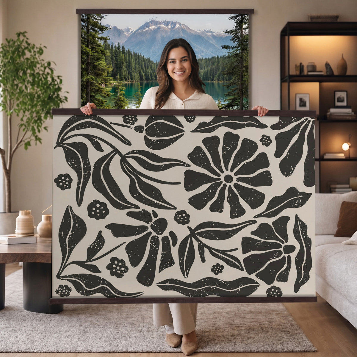 21342917-MGV-TP-30X20 - Mid Century Modern linocut print tapestry wall hanging of "Abstract Floral Linocut", showing simplified flower heads and stems cut into bold black shapes against clean white space in bold black shapes on a bright white ground. Extra large wall art, made in the USA.