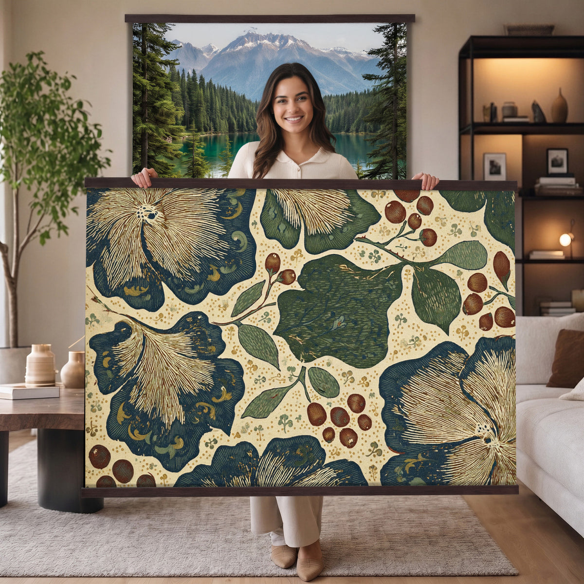 92325062-MGV-TP-30X20 - Art Nouveau pattern design tapestry wall hanging of "Sage Botanical Pattern" by William Morris, showing sage green stems, open flowers and layered foliage repeating in a balanced botanical weave in sage and olive green with soft cream botanical linework. Extra large wall art, made in the USA.