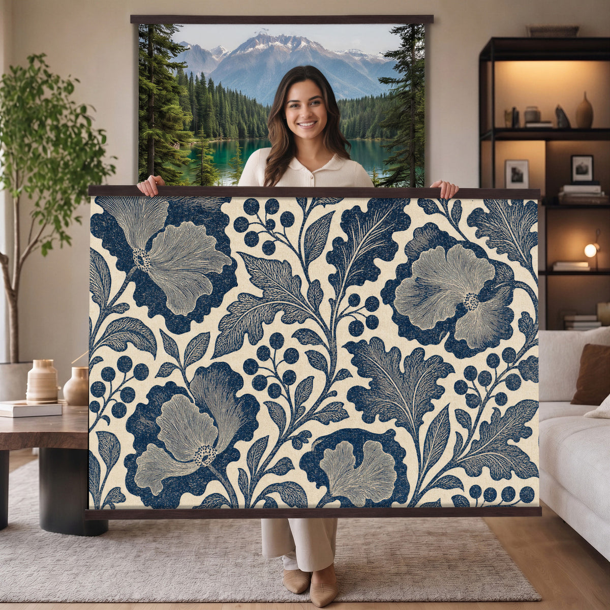 97130377-MGV-TP-30X20 - Art Nouveau pattern design tapestry wall hanging of "Indigo Botanical Pattern" by William Morris, showing trailing indigo stems, open blossoms and curling leaves repeating across the full width in deep indigo and cobalt blue with soft cream linework. Extra large wall art, made in the USA.