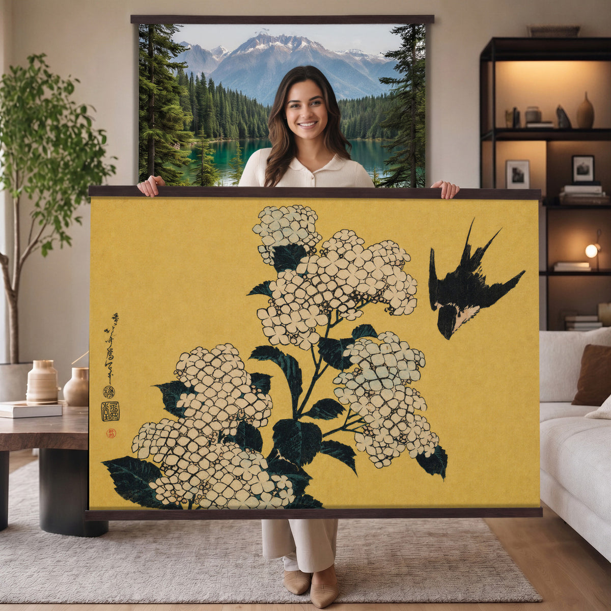 24787197-MGV-TP-30X20 - Ukiyo-e woodblock print tapestry wall hanging of "Hydrangea and Swallow" by Katsushika Hokusai, showing a swallow in flight above a full hydrangea head, drawn with the precise line of Japanese woodblock in soft blue hydrangea blooms with warm gold ground. Extra large wall art, made in the USA.