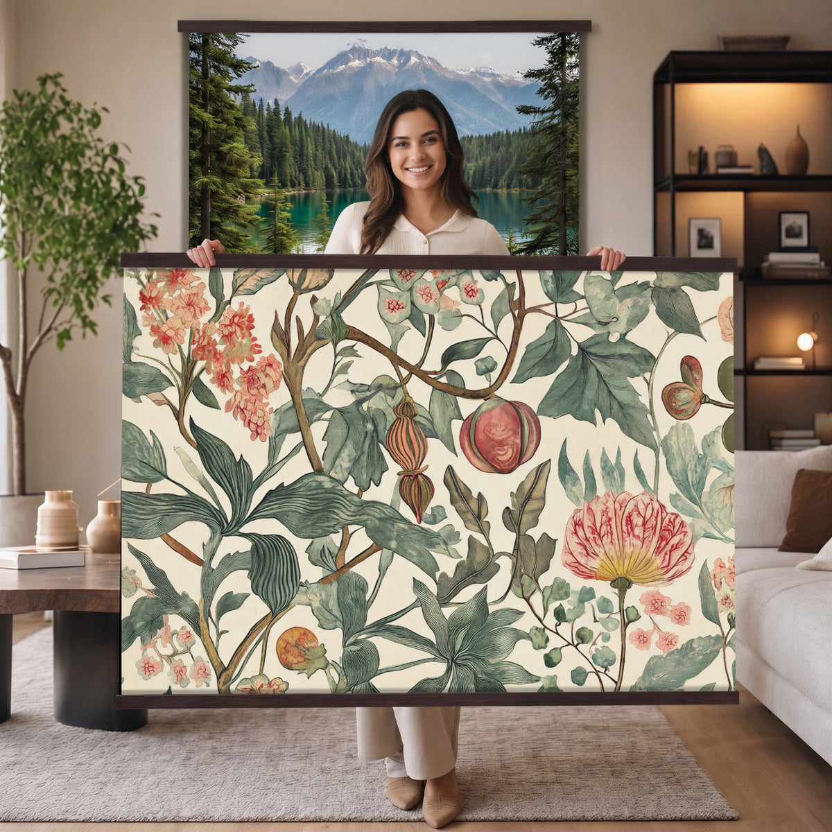 67322868-MGV-TP-30X20 - Art Nouveau pattern design tapestry wall hanging of "Pomegranate Botanical Pattern" by William Morris, showing a repeating weave of pomegranates, open blossoms and curling acanthus leaves in perfect balance in warm ruby fruit and deep green foliage on a cream ground. Extra large wall art, made in the USA.