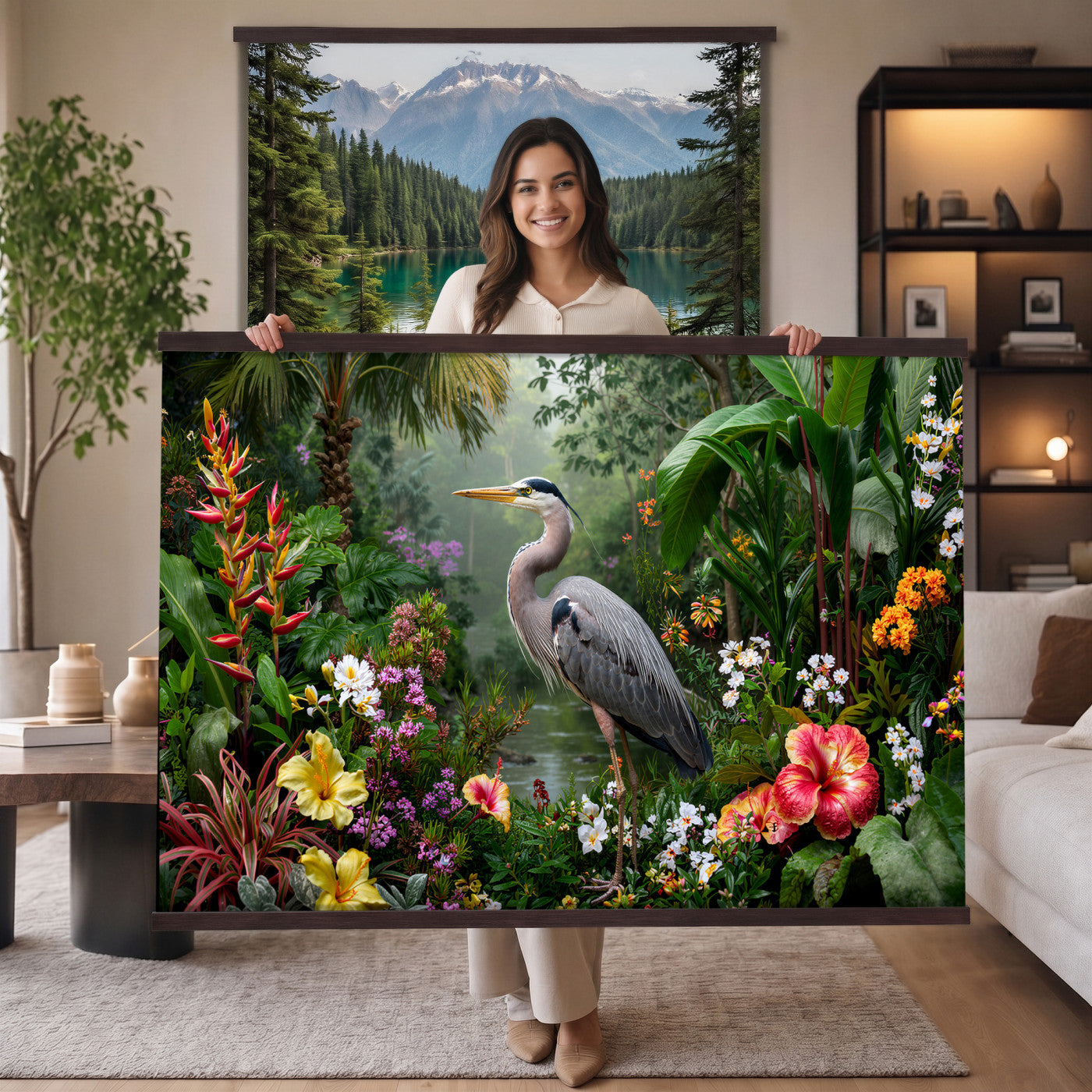 82504330-MGV-TP-30X20 - Botanical botanical illustration tapestry wall hanging of "Great Blue Heron in the Jungle", showing a great blue heron standing among hibiscus blooms, palm fronds and dense tropical foliage in deep jungle greens with red hibiscus and soft blue heron plumage. Extra large wall art, made in the USA.