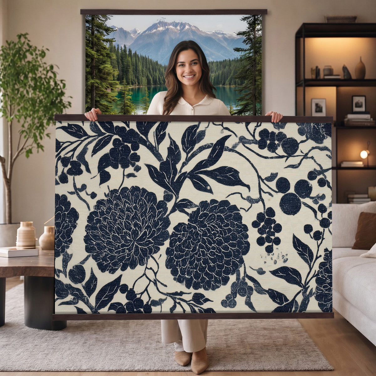 42507419-MGV-TP-30X20 - Chinoiserie ink block print tapestry wall hanging of "Chinoiserie Peony and Chrysanthemum Panel", showing peonies and chrysanthemums layered across a soft grey field, drawn in muted black line in black and soft grey linework on a warm neutral ground. Extra large wall art, made in the USA.