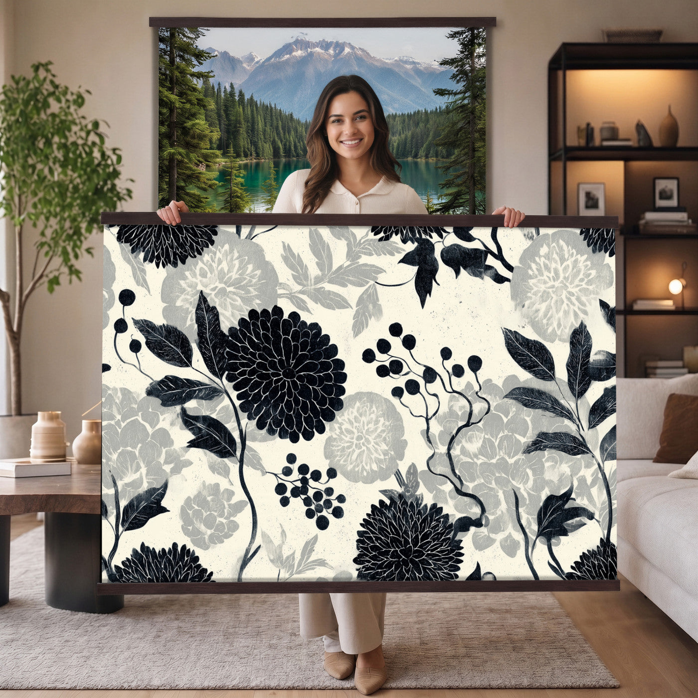 27269625-MGV-TP-30X20 - Chinoiserie ink block print tapestry wall hanging of "Chinoiserie Peony and Chrysanthemum Panel", showing peonies and chrysanthemums layered across a soft grey field, drawn in muted black line in black and soft grey linework on a warm neutral ground. Extra large wall art, made in the USA.