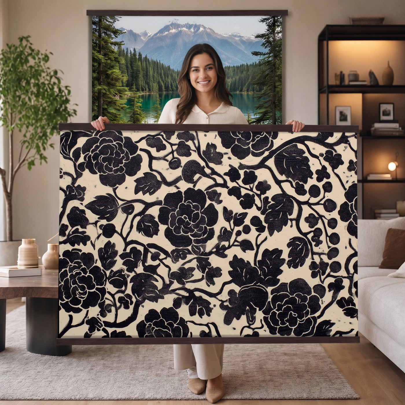 18660803-MGV-TP-30X20 - Chinoiserie ink block print tapestry wall hanging of "Chinoiserie Peony Panel", showing full peony blooms, curling stems and layered leaf work drawn in fine black line on a pale ground in deep black linework on a soft white ground. Extra large wall art, made in the USA.