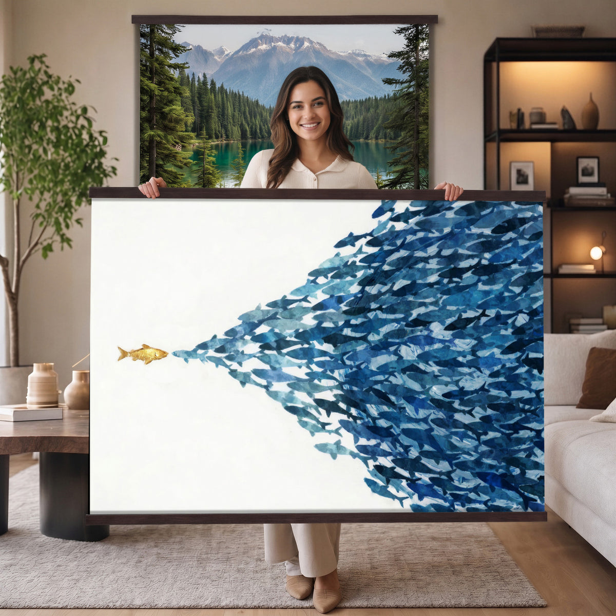 79089639TT-MGV-TP-30X20 - Abstract Blue Fish School Canvas Wall Art, Gold Foil Accent Marine Print
