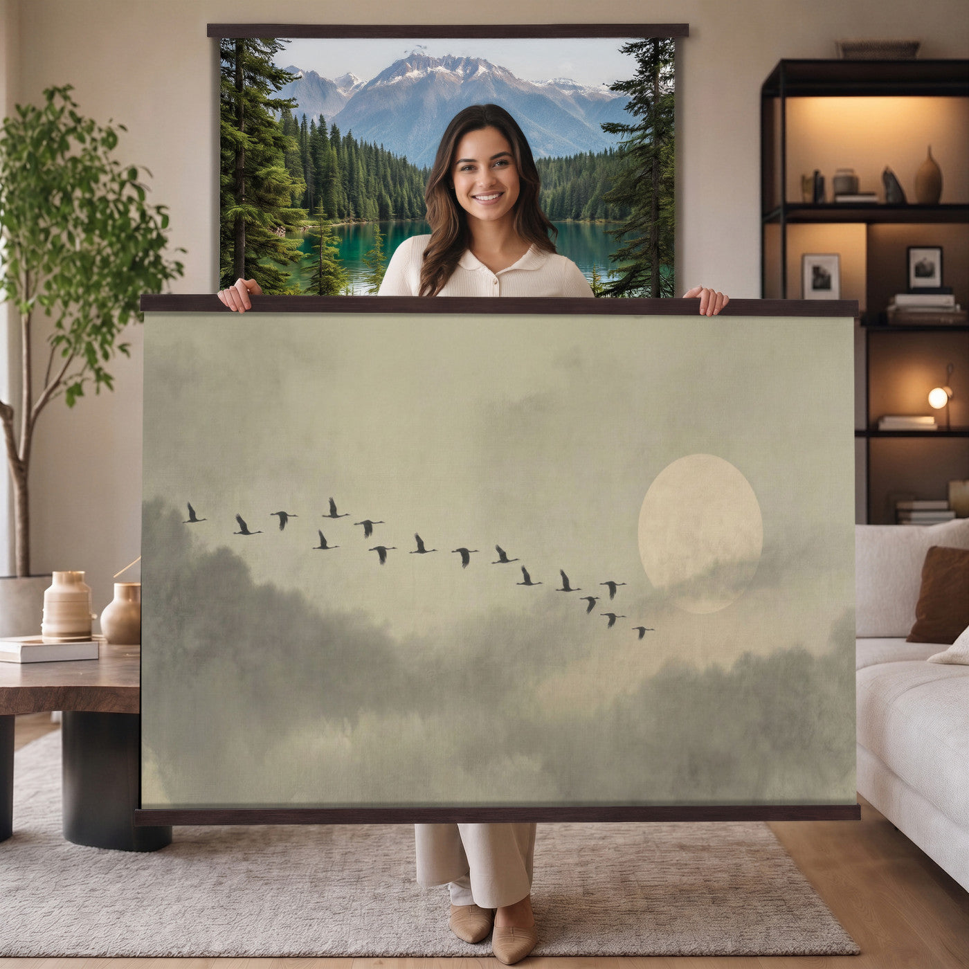 1209814BT-MGV-TP-30X20 - Flying Cranes Tapestry Wall Art, Misty Landscape with Moon, Sage Green Japandi Decor, Framed Print