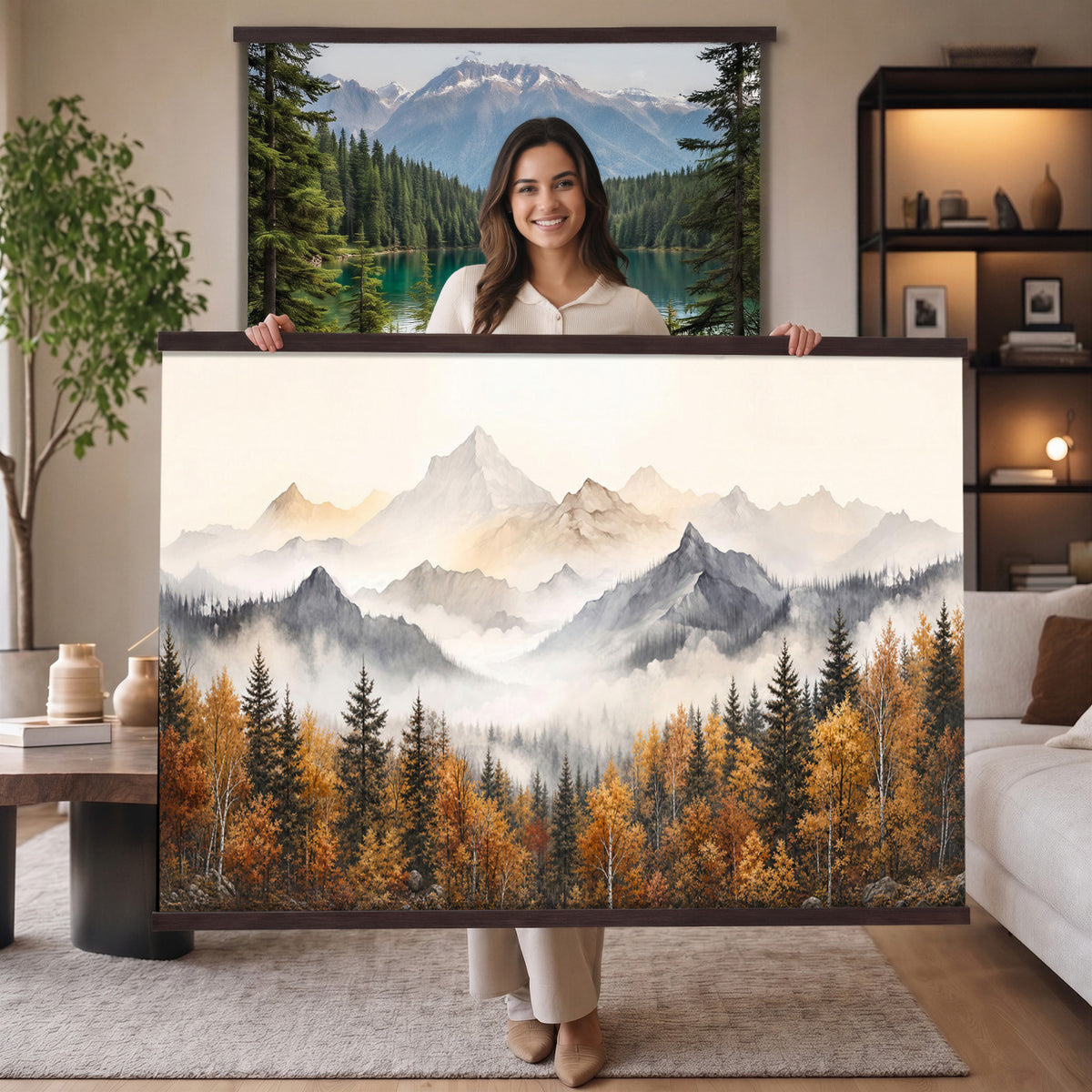 19544118-MGV-TP-30X20 - Misty Mountain Autumn Forest Canvas Wall Art - Watercolor Fall Nature Landscape Print