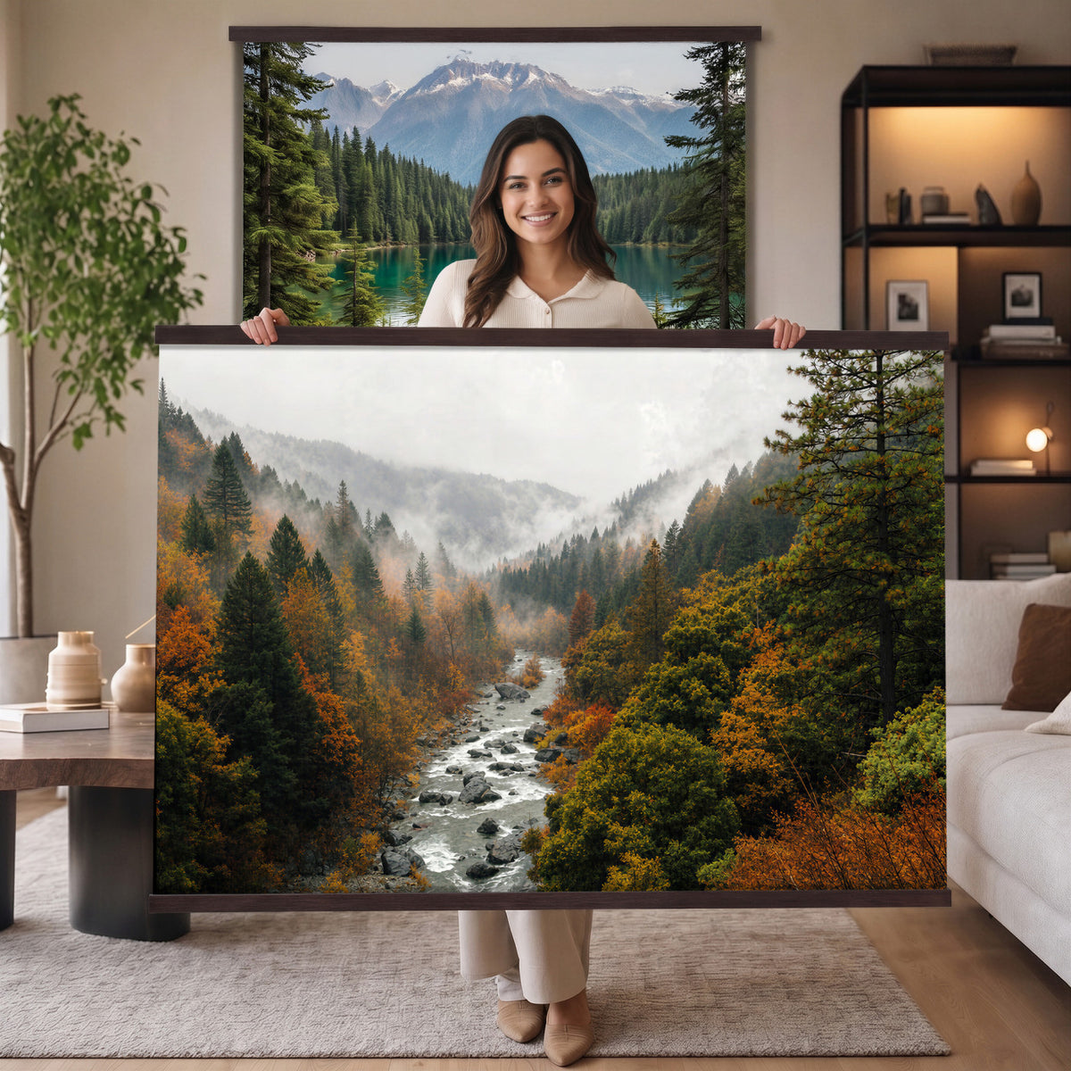 95540697-MGV-TP-30X20 - Misty River Mountain Valley Canvas Wall Art - Autumn Forest Landscape Nature Print