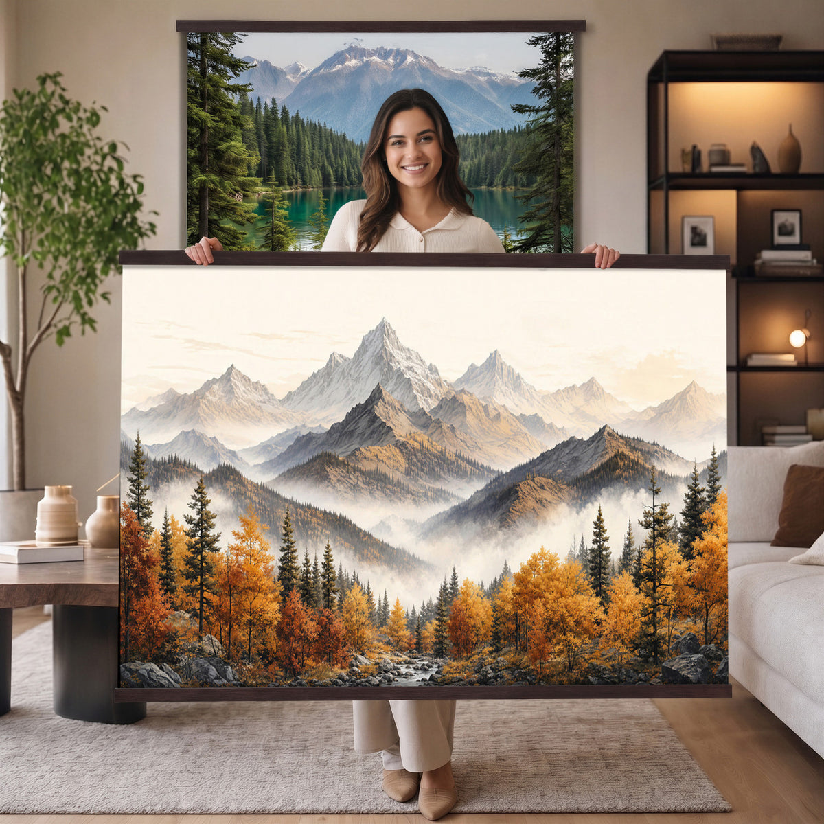 21309099-MGV-TP-30X20 - Extra Large Misty Mountain Autumn Forest Canvas Wall Art - Watercolor Fall Nature Landscape Print