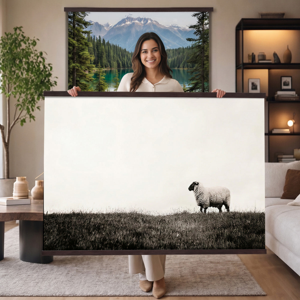 72749448-MGV-TP-30X20 - Minimalist Sepia Sheep Canvas Wall Art - Rustic Farmhouse Country Landscape Print