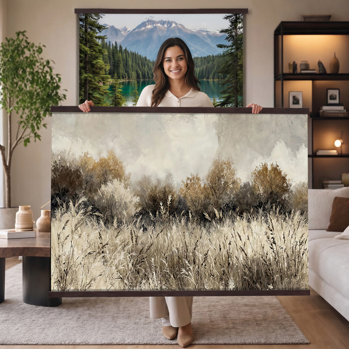 53959945-MGV-TP-30X20 - Muted Neutral Forest Landscape Canvas Wall Art - Vintage Rustic Wildflower Meadow Print