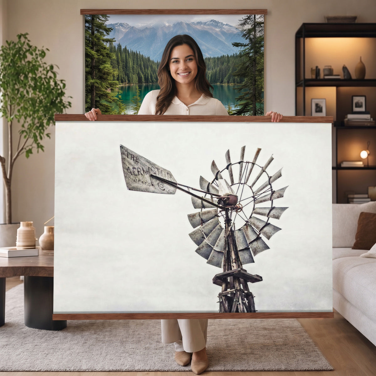 63200638-MGV-TP-30X20 - Vintage Rustic Farmhouse Windmill Canvas Wall Art - Western Country Landscape Print