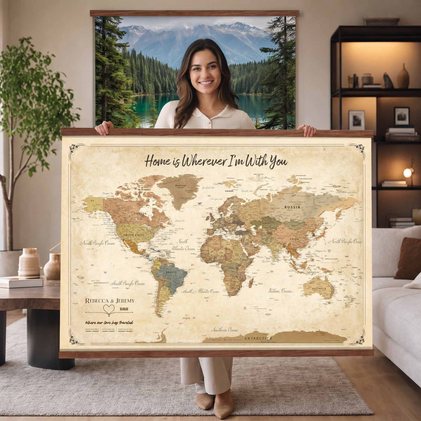40086165-MGV-TP-30X20 - Framed Vintage Custom Push Pin World Map Canvas Print – Personalized Travel Map Wall Art