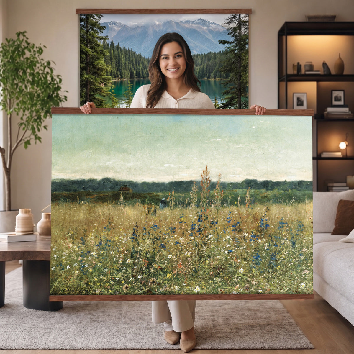 78325586-MGV-TP-30X20 - Realism oil painting tapestry wall hanging of "Champ fleuri" by Antoine Chintreuil, showing a wide flowering field running toward a low horizon, with soft scattered blooms and a pale open sky in soft white and green field tones under a pale luminous sky. Extra large wall art, made in the USA.