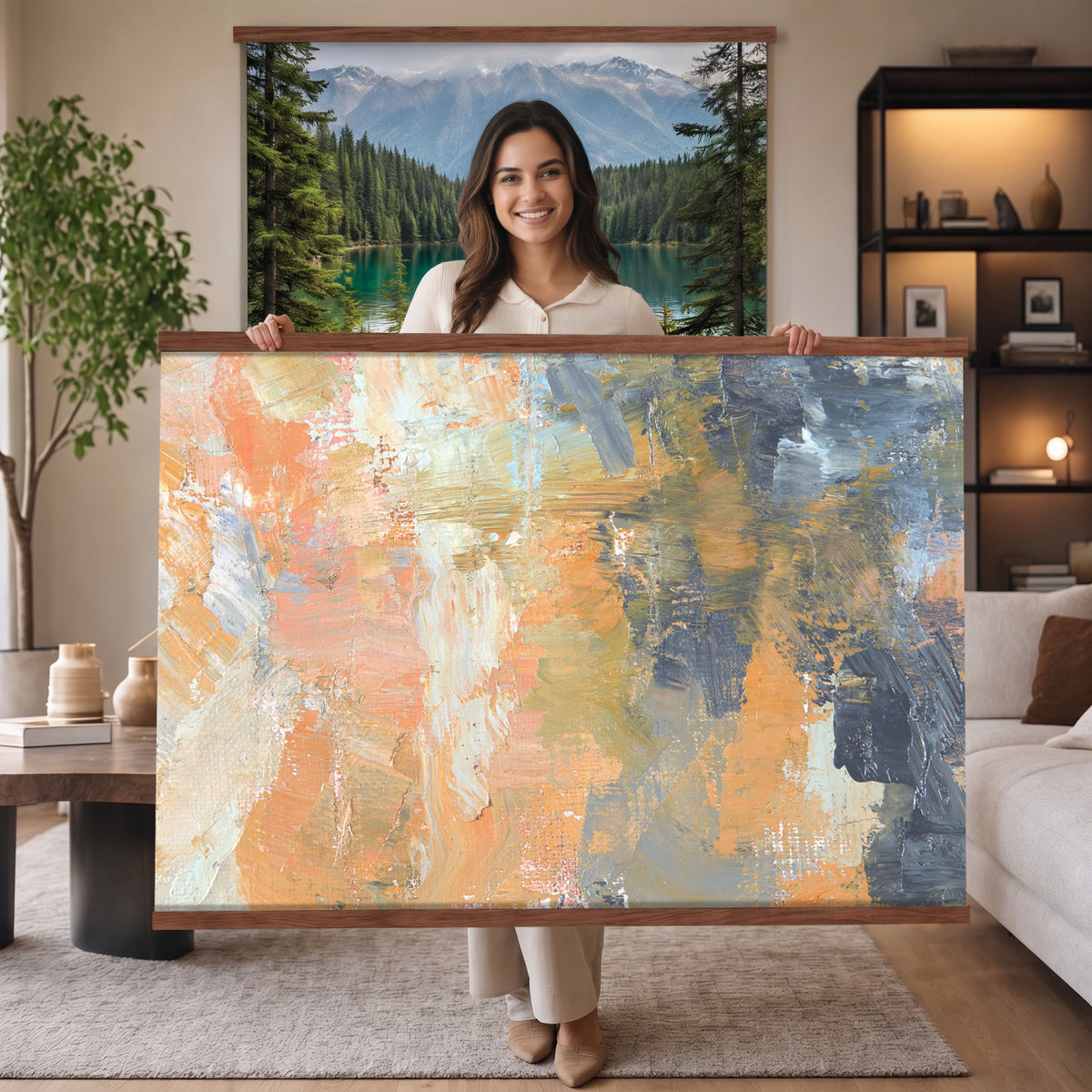 92754702-MGV-TP-30X20 - Cubism abstract oil painting tapestry wall hanging of "Abstract Landscape" by Nicolas de Stael, showing thick blocks of peach, grey, and cream laid side by side into a landscape that reads as pure shape and color in soft peach, warm grey, and cream color blocks. Extra large wall art, made in the USA.