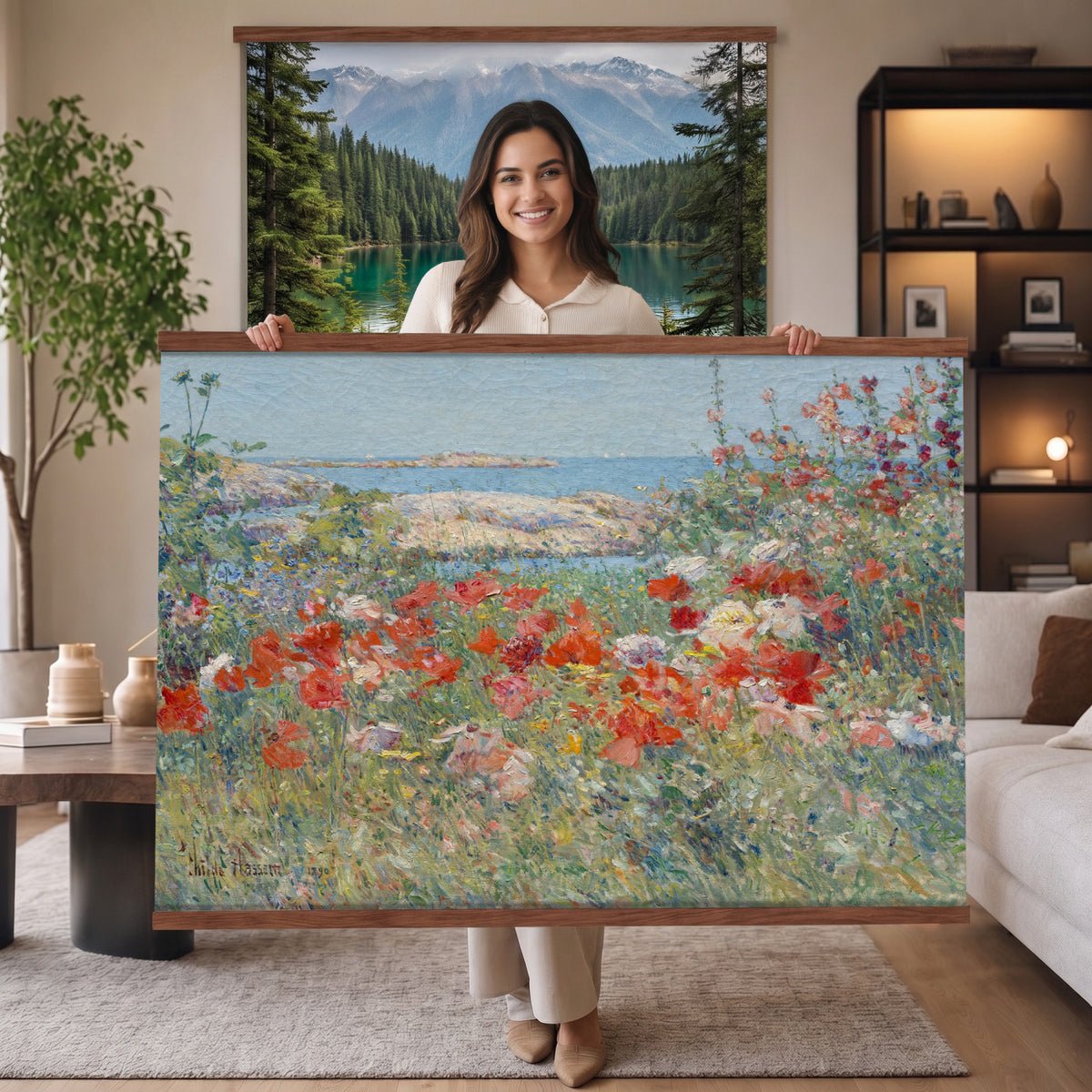 16720314-MGV-TP-30X20 - Impressionism oil painting tapestry wall hanging of "Celia Thaxter's Garden, Isles of Shoals" by Childe Hassam, showing a cliffside garden bursting with red poppies above a bright blue sea and rocky island shore in vivid red poppies against deep blue sea and green garden foliage. Extra large wall art, made in the USA.