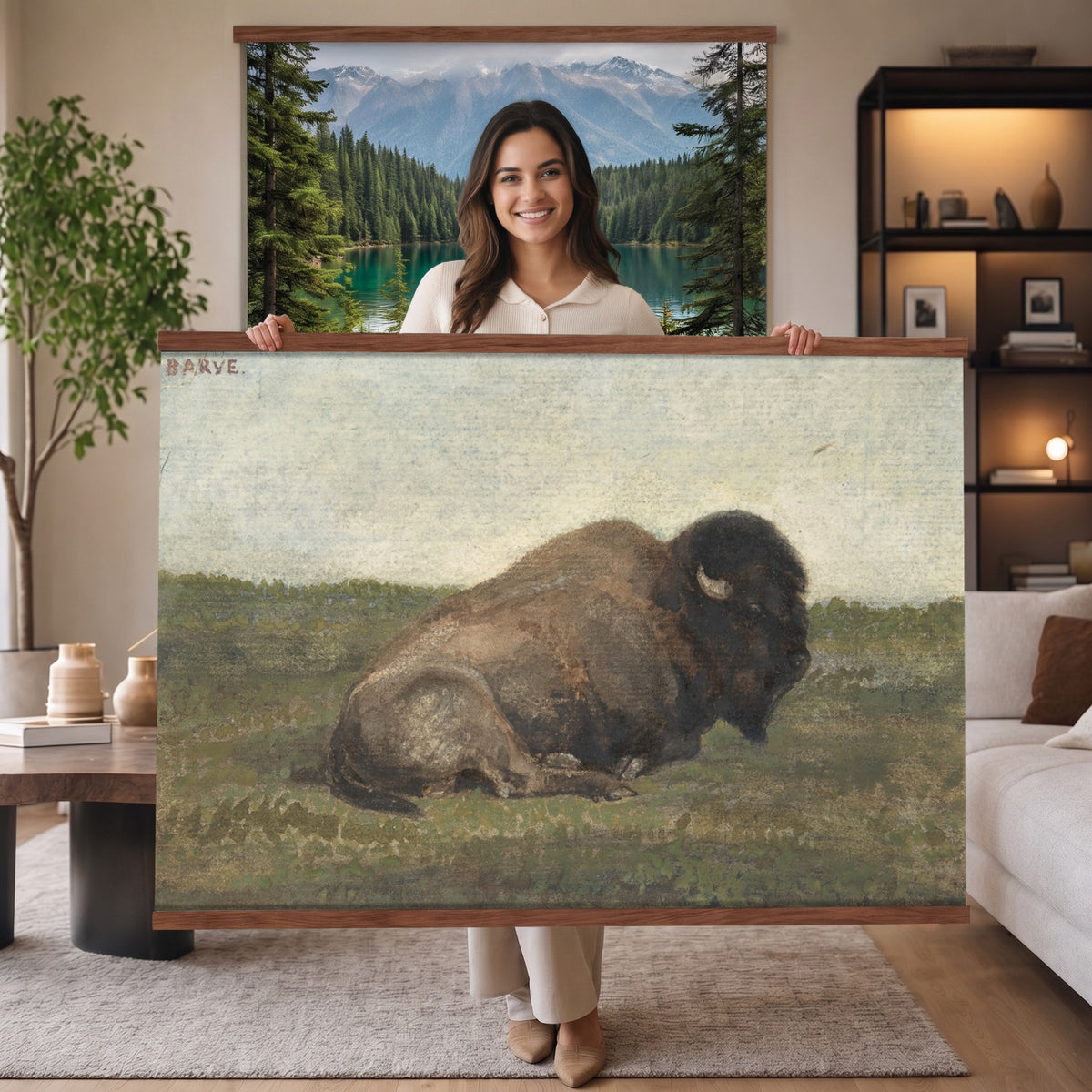 59987270-MGV-TP-30X20 - Realism oil painting tapestry wall hanging of "Bison Lying Down" by Antoine-Louis Barye, showing a heavy bison at rest on open prairie ground, painted with weight and quiet animal presence in deep brown bison coat against muted prairie grass and a low sky. Extra large wall art, made in the USA.