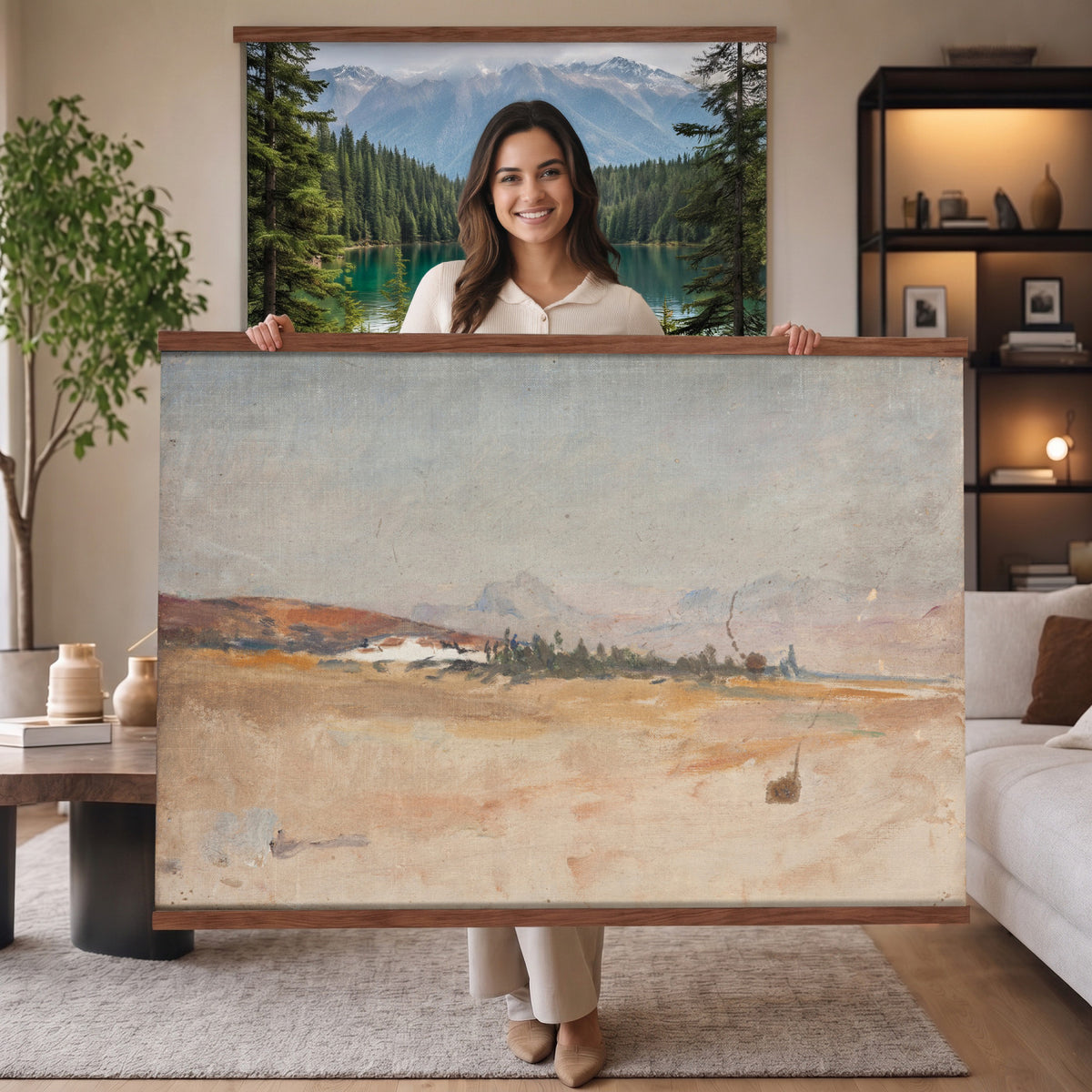 54607912-MGV-TP-30X20 - Impressionism oil painting tapestry wall hanging of "Antequera" by Jan Ciaglinski, showing the dry Andalusian hills above Antequera in warm ochre and rose light, with pale rock ridges rolling into the distance in warm ochre, rose, and sand hill tones under a bright hazy sky. Extra large wall art, made in the USA.