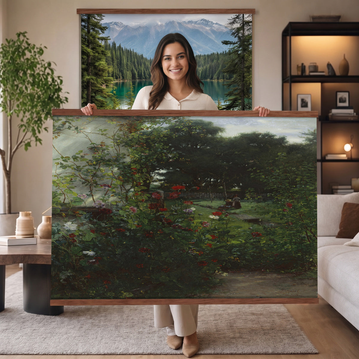 99581515-MGV-TP-30X20 - Barbizon oil painting tapestry wall hanging of "By the Brook" by Xavier De Cock, showing a shaded brook winding through dense woodland, with a small hidden figure resting among the trees in dark layered forest greens with warm brown earth and pale water light. Extra large wall art, made in the USA.