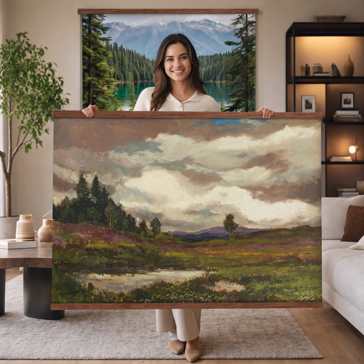 51034939-MGV-TP-30X20 - Impressionism oil painting tapestry wall hanging of "Flowering Meadow" by Olga Wisinger-Florian, showing a bright meadow of white wildflowers and green bushes rising toward a shaded purple hillside in white wildflowers and green bushes under a purple forest hillside. Extra large wall art, made in the USA.