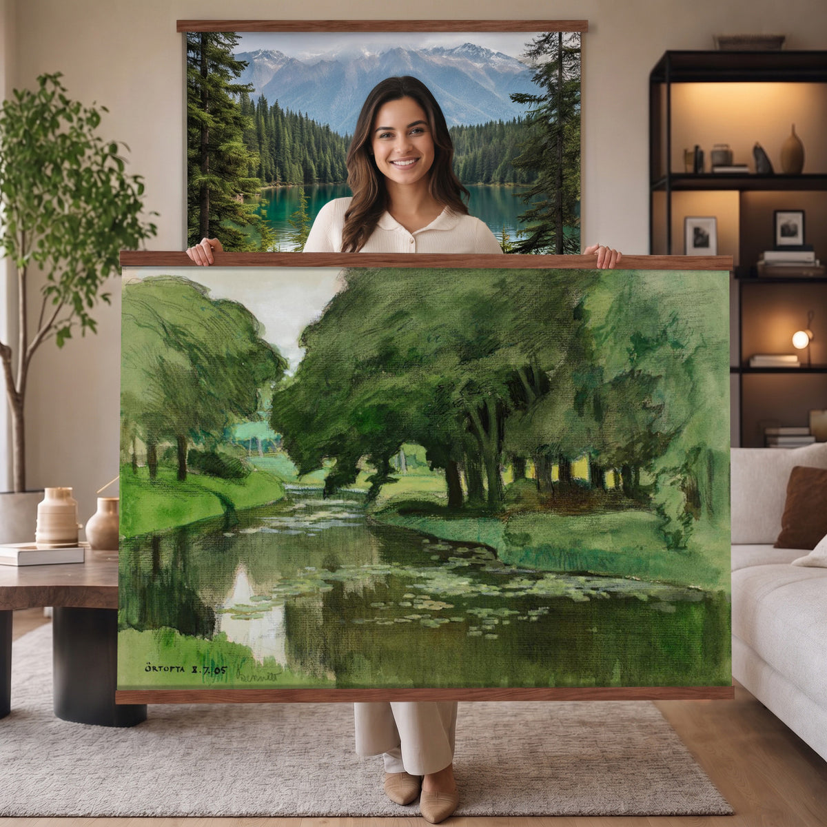 91917894-MGV-TP-30X20 - Tonalism oil painting tapestry wall hanging of "Hill and Marshland" by Charles Harold Davis, showing a low marsh threaded with still water channels, tall reeds, and a rounded hill under a wide luminous sky in muted marsh greens and browns under a wide pale luminous sky. Extra large wall art, made in the USA.