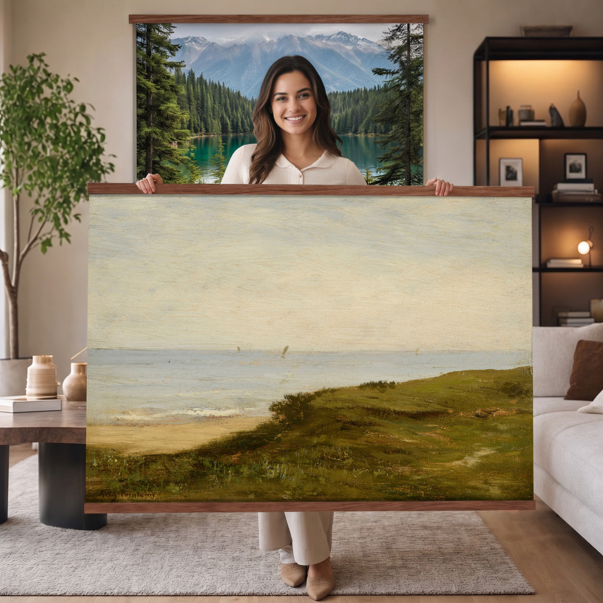 33440930-MGV-TP-30X20 - Impressionism oil painting tapestry wall hanging of "Beach Dunes" by Max Clarenbach, showing low rolling sand dunes topped with pale beach grass, opening toward a quiet sea under a wide soft sky in pale sand tones and dune grass under a wide soft blue-grey sky. Extra large wall art, made in the USA.
