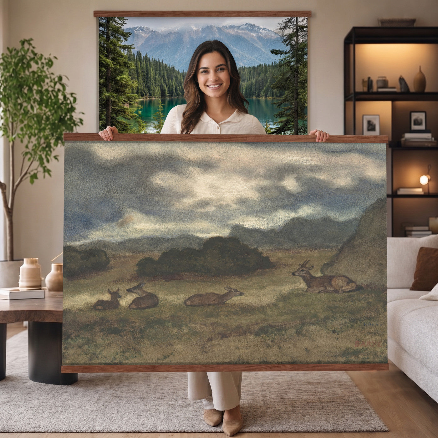 72841227-MGV-TP-30X20 - Realism oil painting tapestry wall hanging of "Bohmisch-Mahrische Hohe" by Ferdinand Engelmuller, showing a snow-covered highland village with low cottages, bare trees, and deep drifts stretching toward pale winter hills in cool white snow with warm ochre cottage walls under a pale winter sky. Extra large wall art, made in the USA.