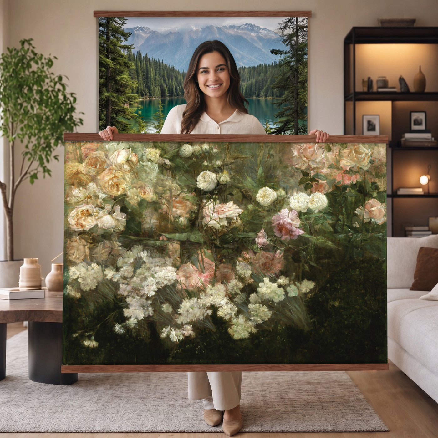 82392202-MGV-TP-30X20 - Post Impressionism oil painting tapestry wall hanging of "White Roses" by Tadeusz Makowski, showing a full bunch of white roses in a simple vase, softly lit against a plain shadowed background in creamy white rose petals and green leaves against a muted warm background. Extra large wall art, made in the USA.