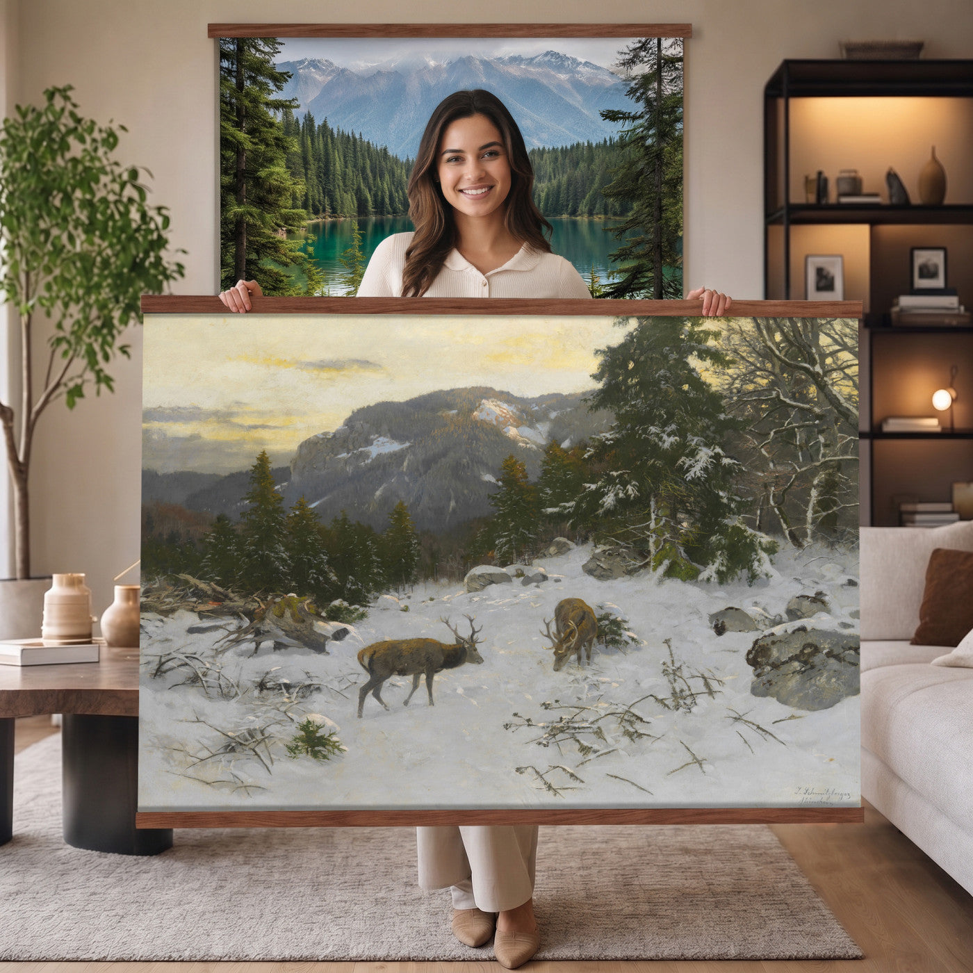 88363585-MGV-TP-30X20 - Realism oil painting tapestry wall hanging of "Rotwild" by Franz Xaver von Pausinger, showing a herd of red deer resting in a quiet clearing, tall grasses, and dark forest edges fading into soft light in warm russet deer coats against deep forest green and golden grass. Extra large wall art, made in the USA.