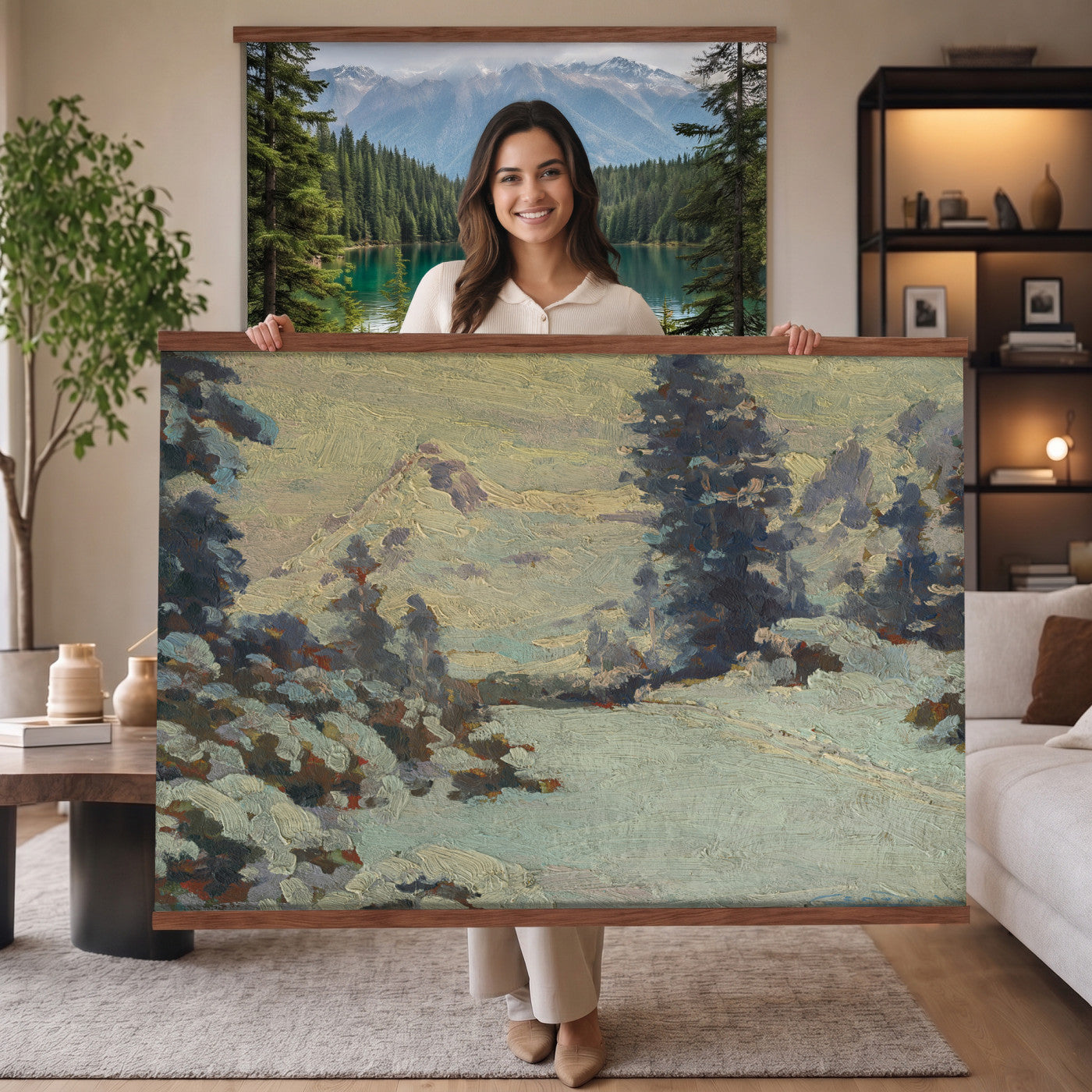 66869729-MGV-TP-30X20 - Realism oil painting tapestry wall hanging of "An Evening in March" by Charlotte Wahlstrom, showing bare late-winter trees along a still river, patches of melting snow, and a low golden evening light on the horizon in cool blue snow shadows against a warm amber sunset sky. Extra large wall art, made in the USA.