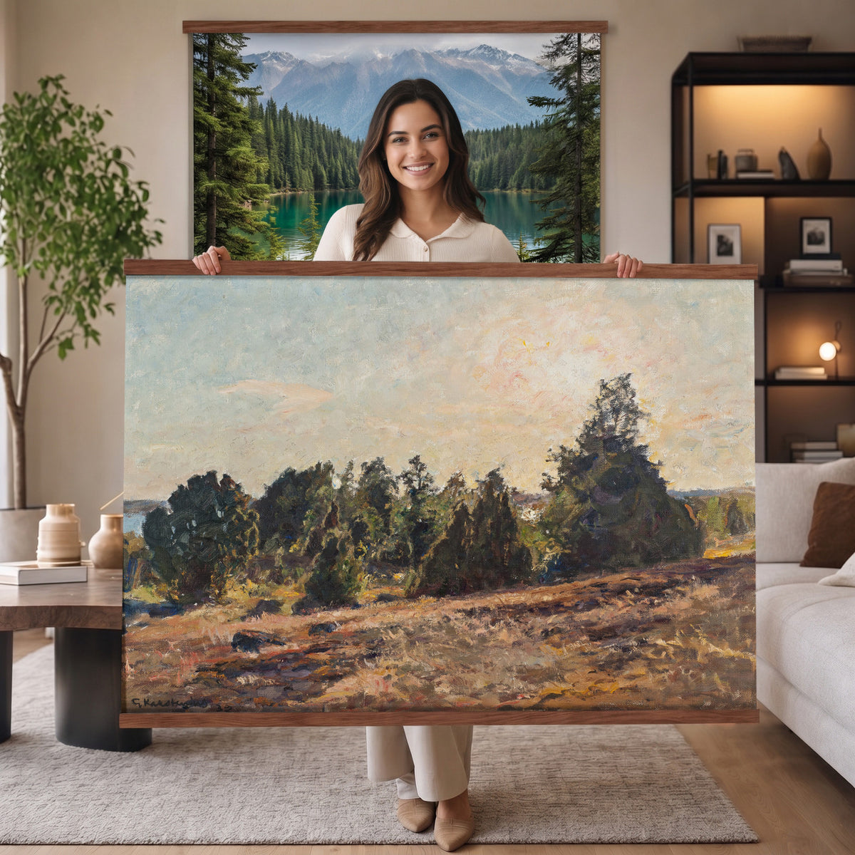 89318871-MGV-TP-30X20 - Impressionism oil painting tapestry wall hanging of "Landscape" by Jane Sutherland, showing a sunlit open field, dry golden grasses, and slender eucalyptus trees leaning under a bright southern sky in warm golden field tones with soft sage-green eucalyptus foliage. Extra large wall art, made in the USA.