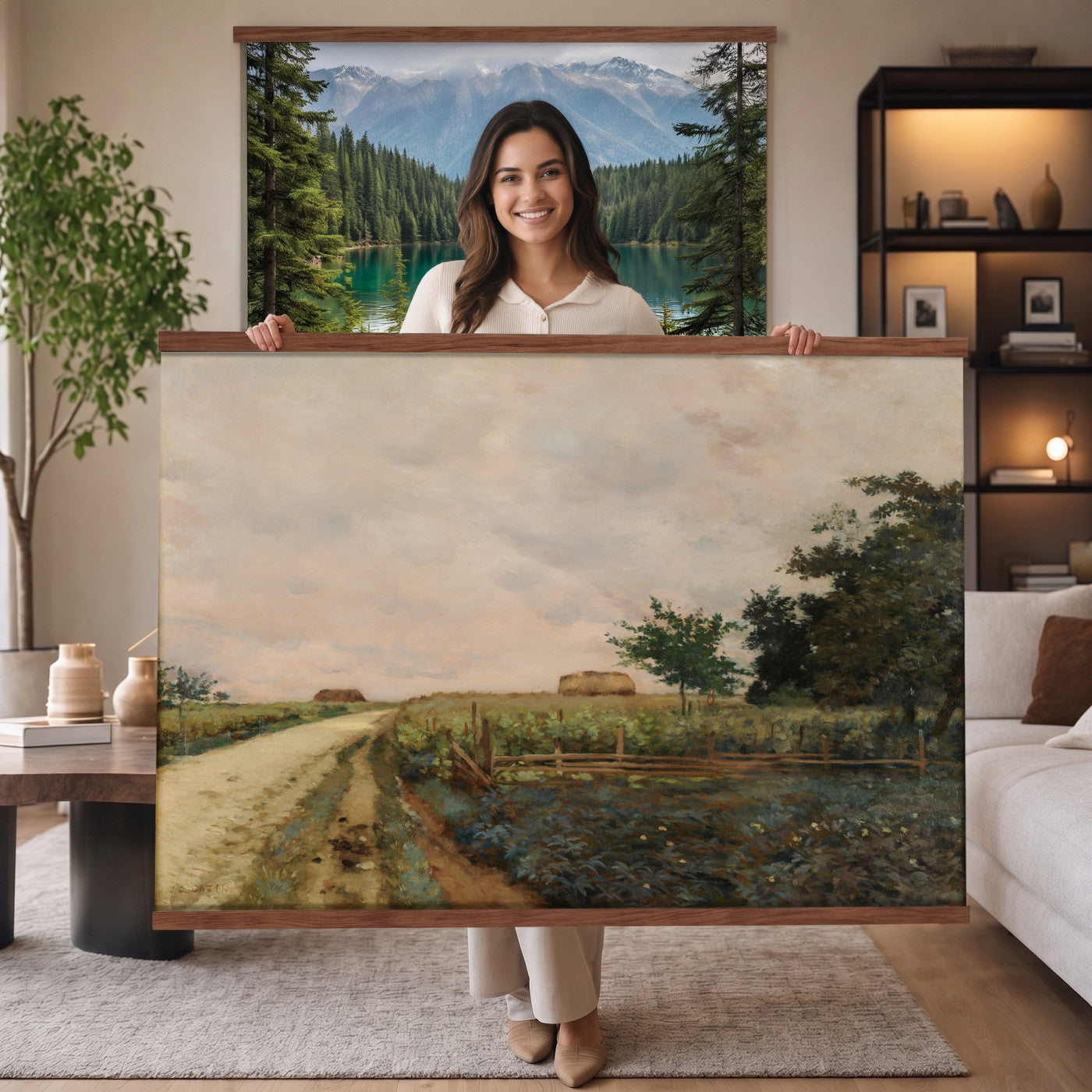 25709765-MGV-TP-30X20 - Realism watercolor tapestry wall hanging of "Landscape with a Windmill" by Jean-Baptiste-Arthur Calame, showing a winding dirt road, traditional thatched-roof farmhouses, and a historic windmill sitting peacefully on the distant horizon in soft brown and green tones under a cloudy sky. Extra large wall art, made in the USA.