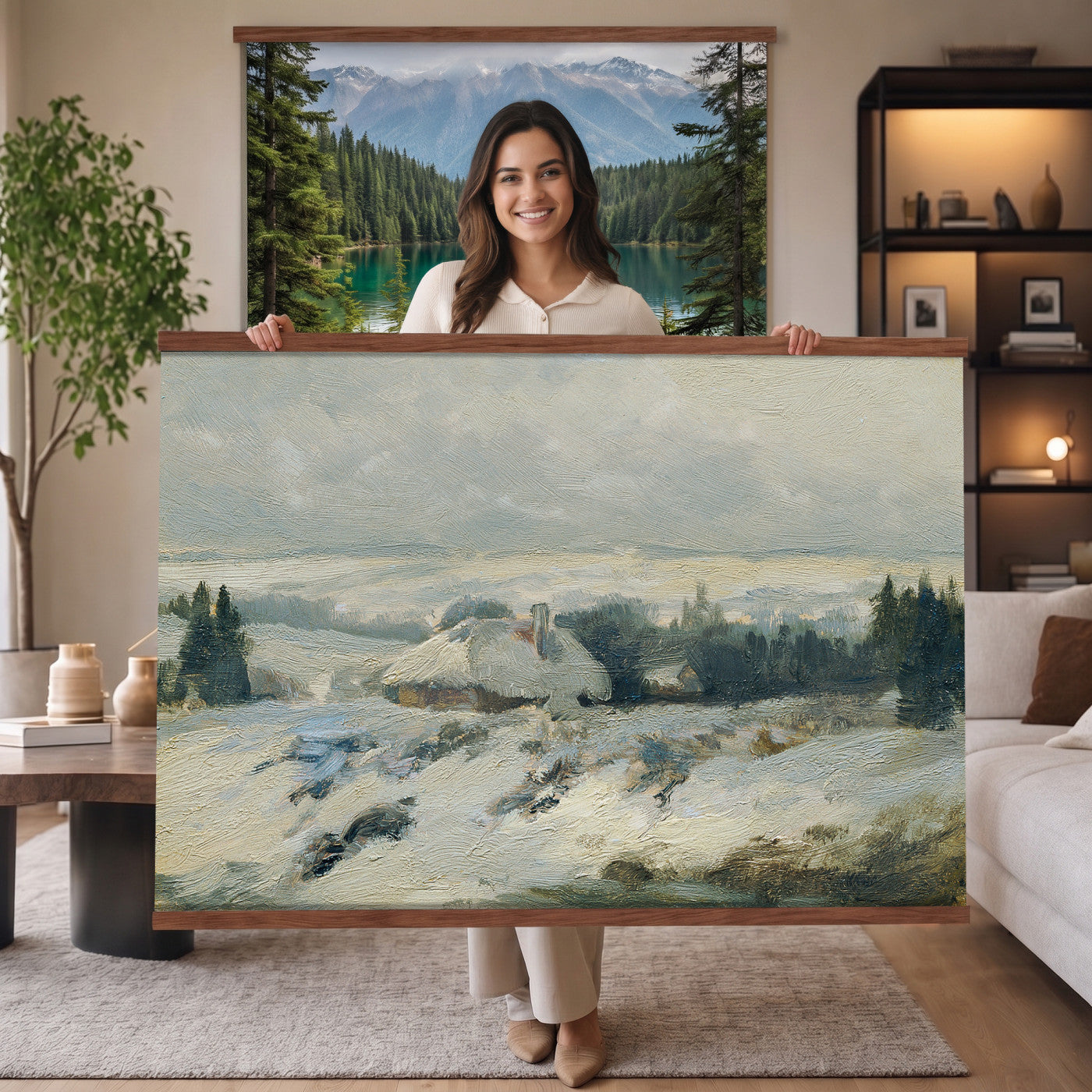 95240376-MGV-TP-30X20 - Realism oil painting tapestry wall hanging of "Bohmisch-Mahrische Hohe" by Ferdinand Engelmuller, showing a snow-covered highland village with low cottages, bare trees, and deep drifts stretching toward pale winter hills in cool white snow with warm ochre cottage walls under a pale winter sky. Extra large wall art, made in the USA.