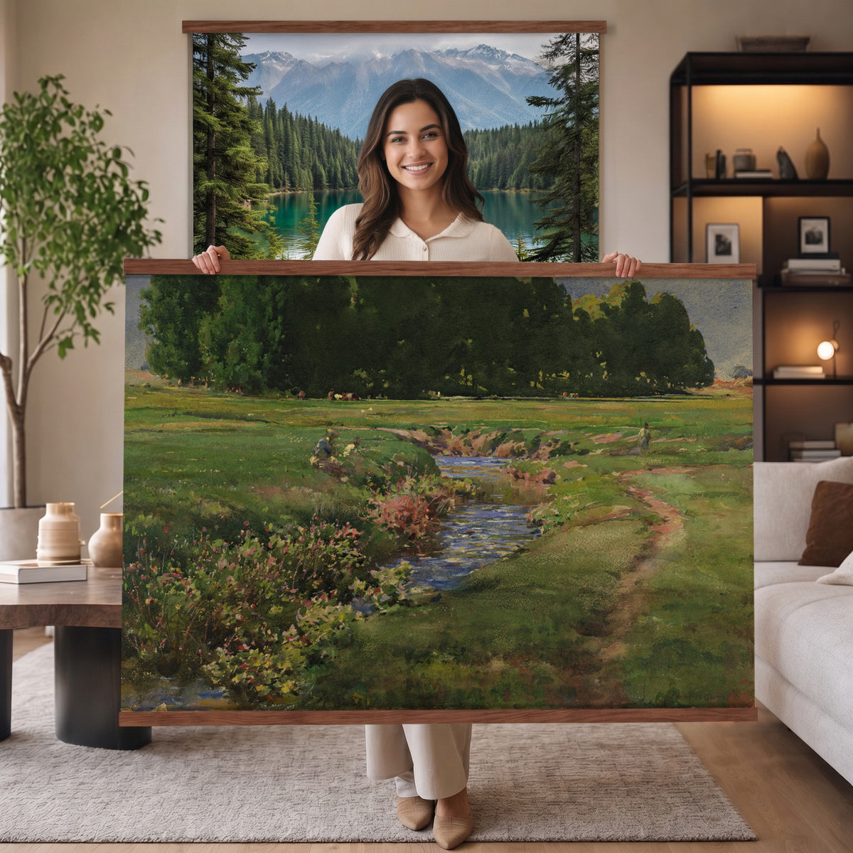 28805531-MGV-TP-30X20 - Tonalism watercolor tapestry wall hanging of "The Babbling Brook" by William Henry Holmes, showing a small brook running through open meadow grass, with soft banks, low shrubs, and a gentle rise beyond in fresh meadow greens with pale blue water and a soft light sky. Extra large wall art, made in the USA.